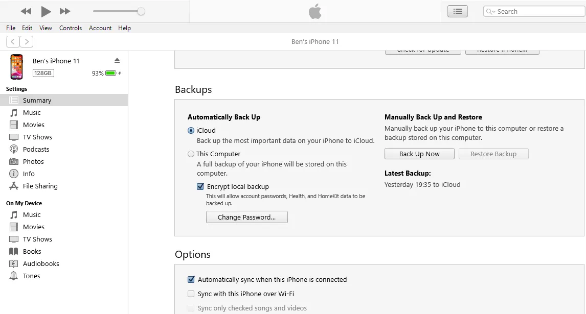 Màn hình sao lưu iPhone vào iTunes trên máy tính Windows