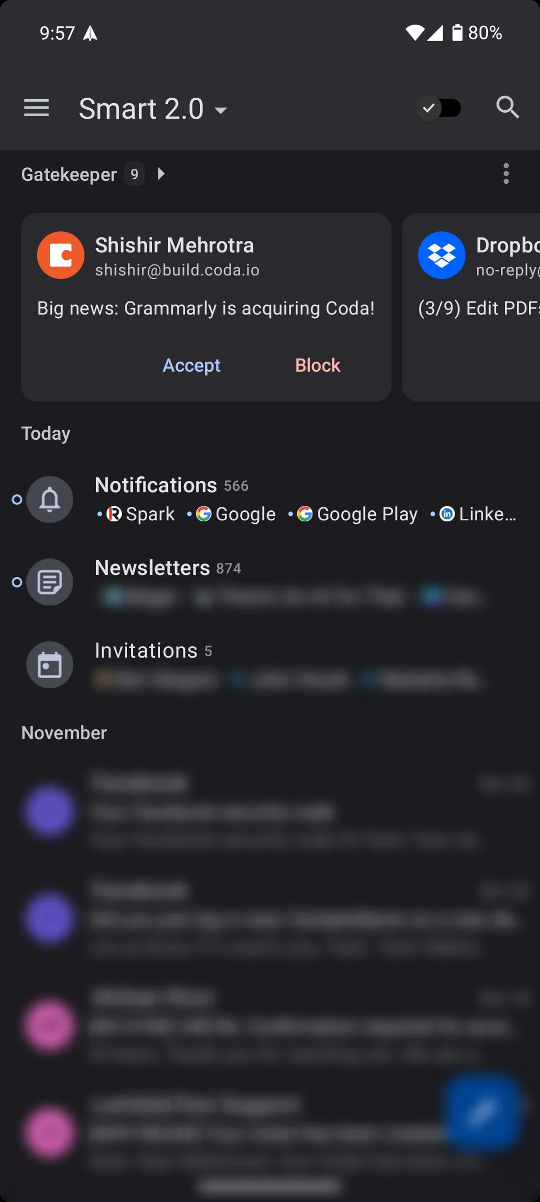 Màn hình Smart 2.0 view trong Spark Mail Android, hiển thị tính năng Gatekeeper và các danh mục email tùy chỉnh