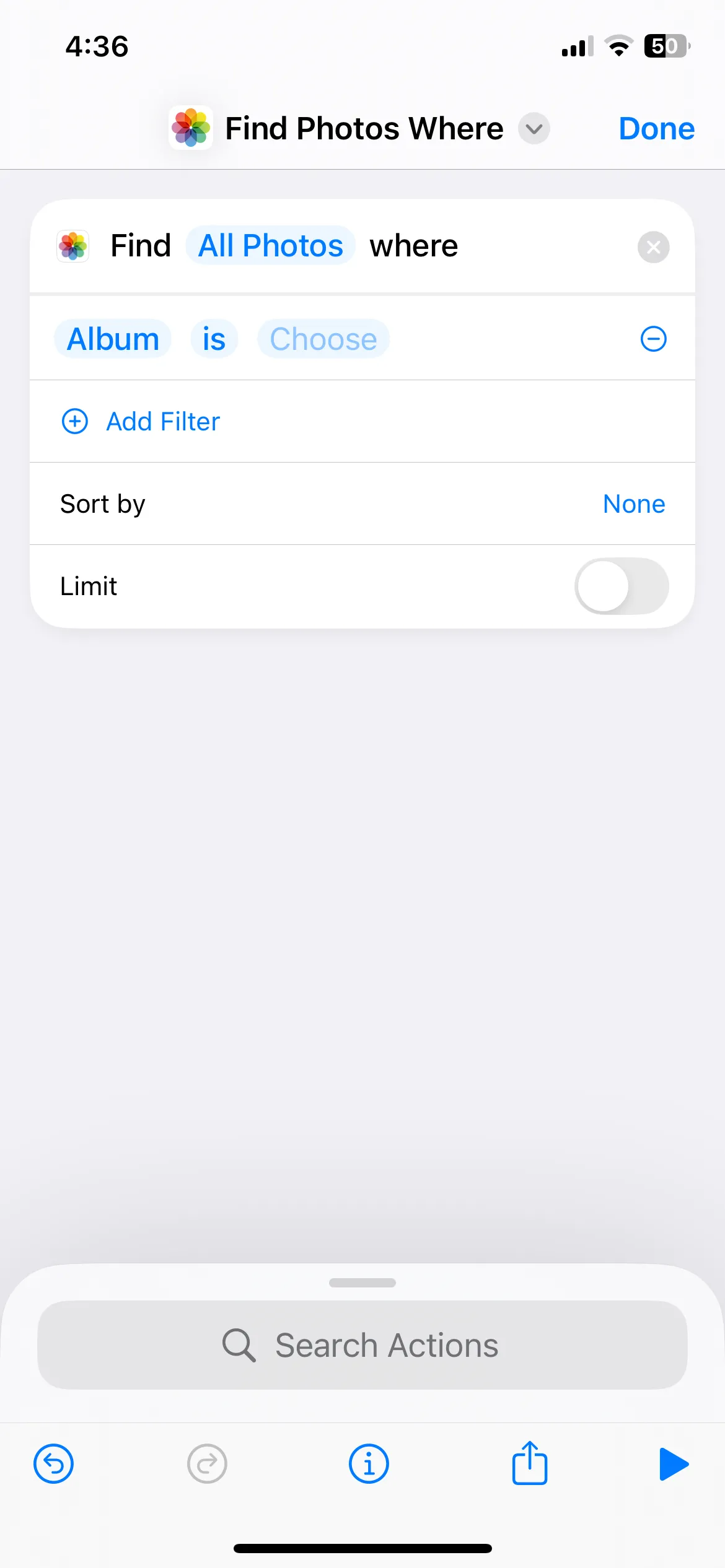 Màn hình tạo phím tắt tìm kiếm ảnh chụp màn hình trên iPhone