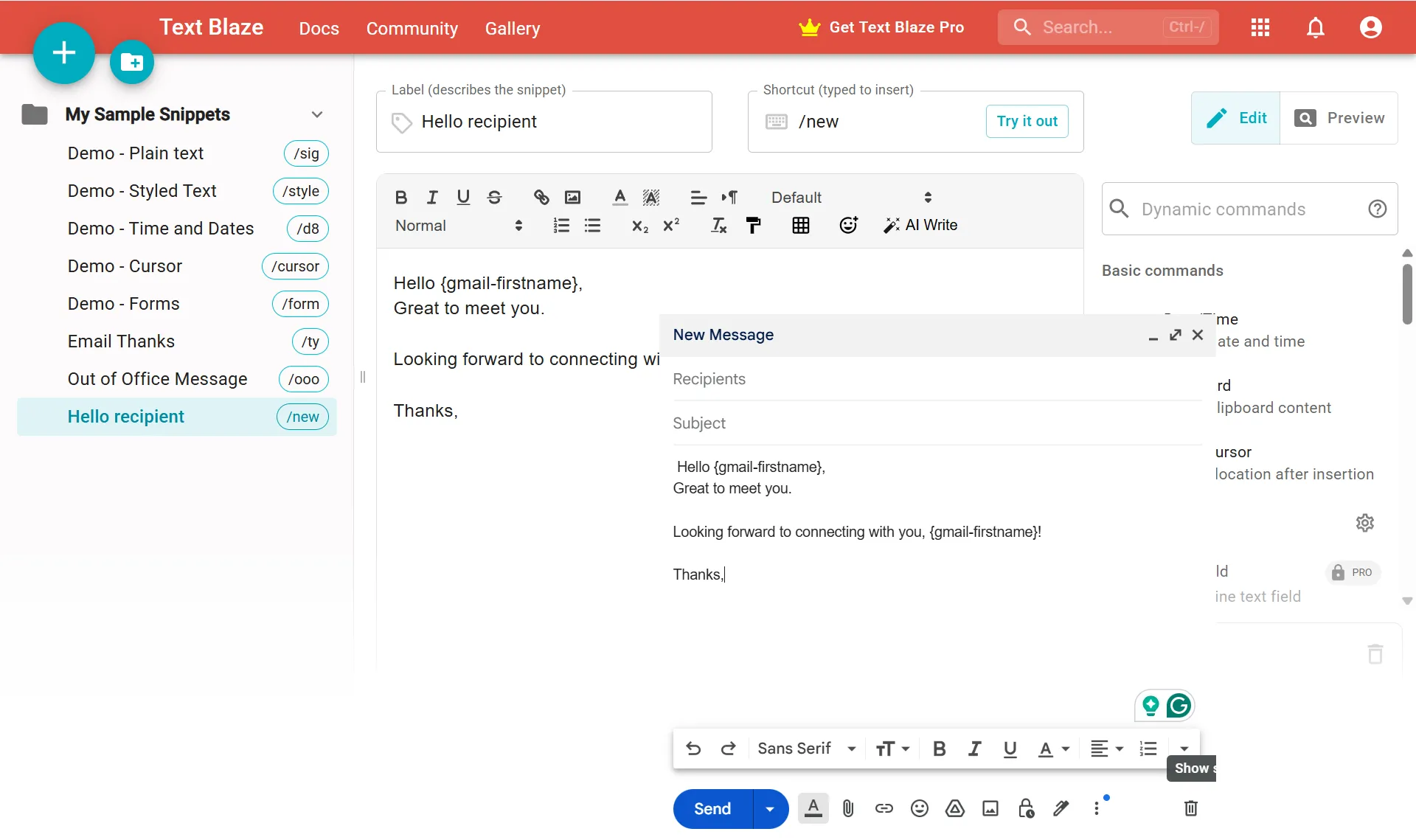 Màn hình tạo snippet động trong Text Blaze, với các tùy chọn chèn trường dữ liệu tự động như ngày tháng, thời gian hoặc dữ liệu từ clipboard, giúp tạo các mẫu văn bản thông minh và linh hoạt.