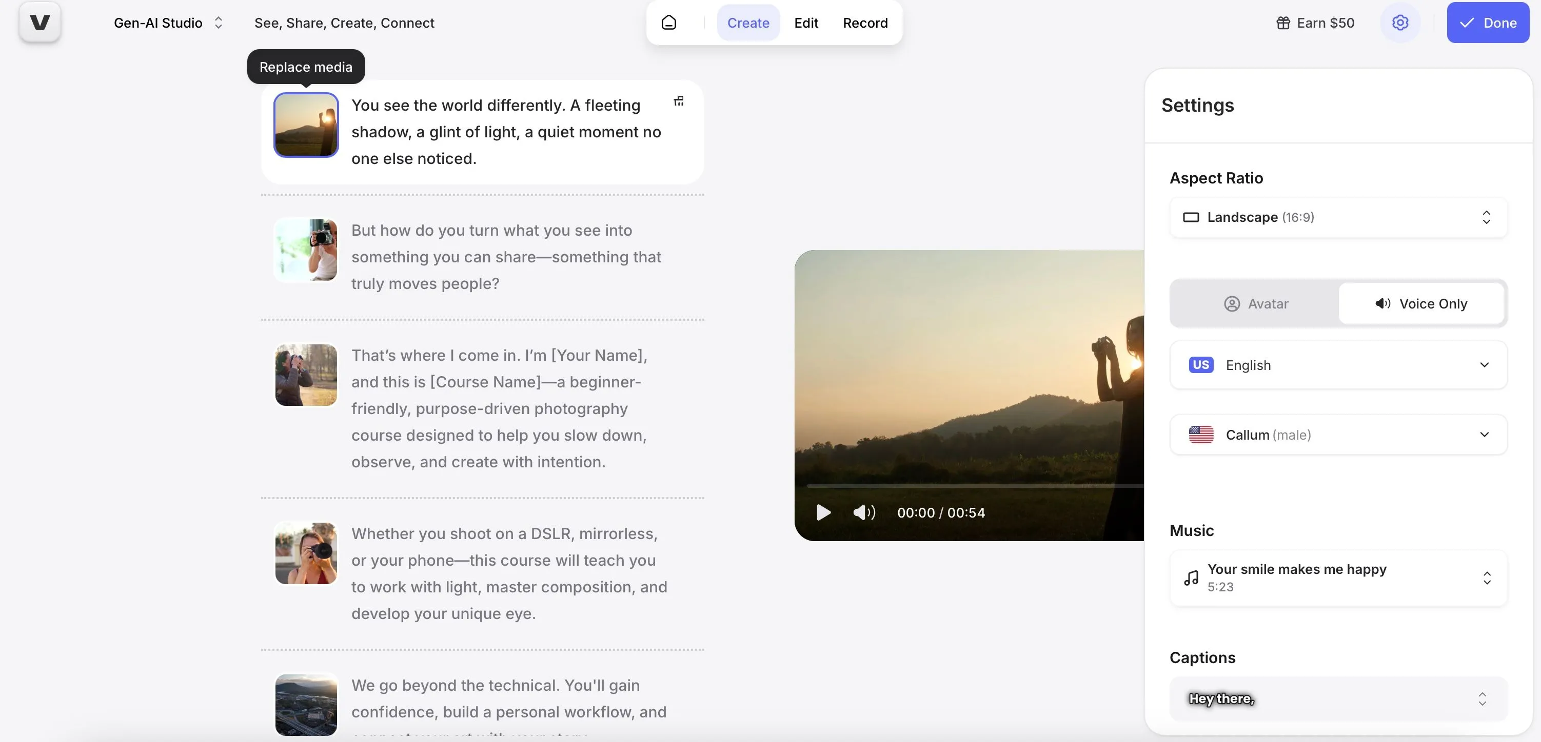 Màn hình tạo video quảng cáo tự động trong Veed.io, minh họa quá trình nhập yêu cầu và tùy chỉnh.