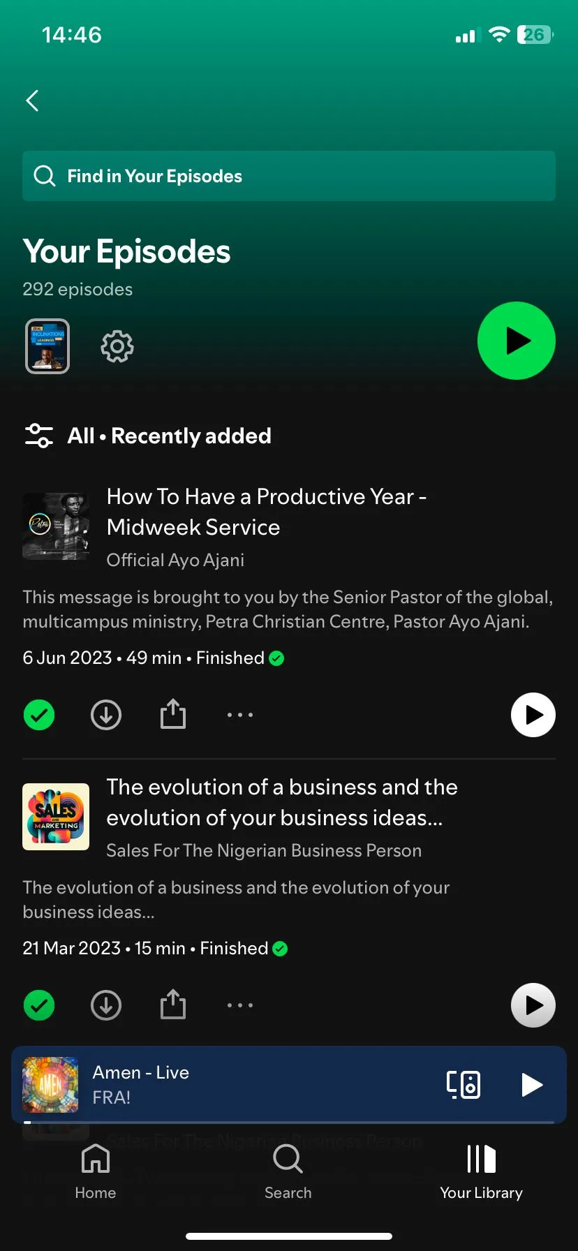 Màn hình &quot;Tập của bạn&quot; trong ứng dụng Spotify, nơi người dùng có thể quản lý các tập podcast đã tải về để nghe ngoại tuyến.