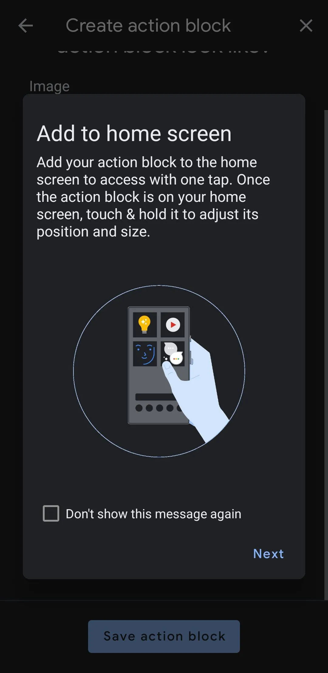 Màn hình thêm lối tắt Action Block vào màn hình chính trên điện thoại Android.