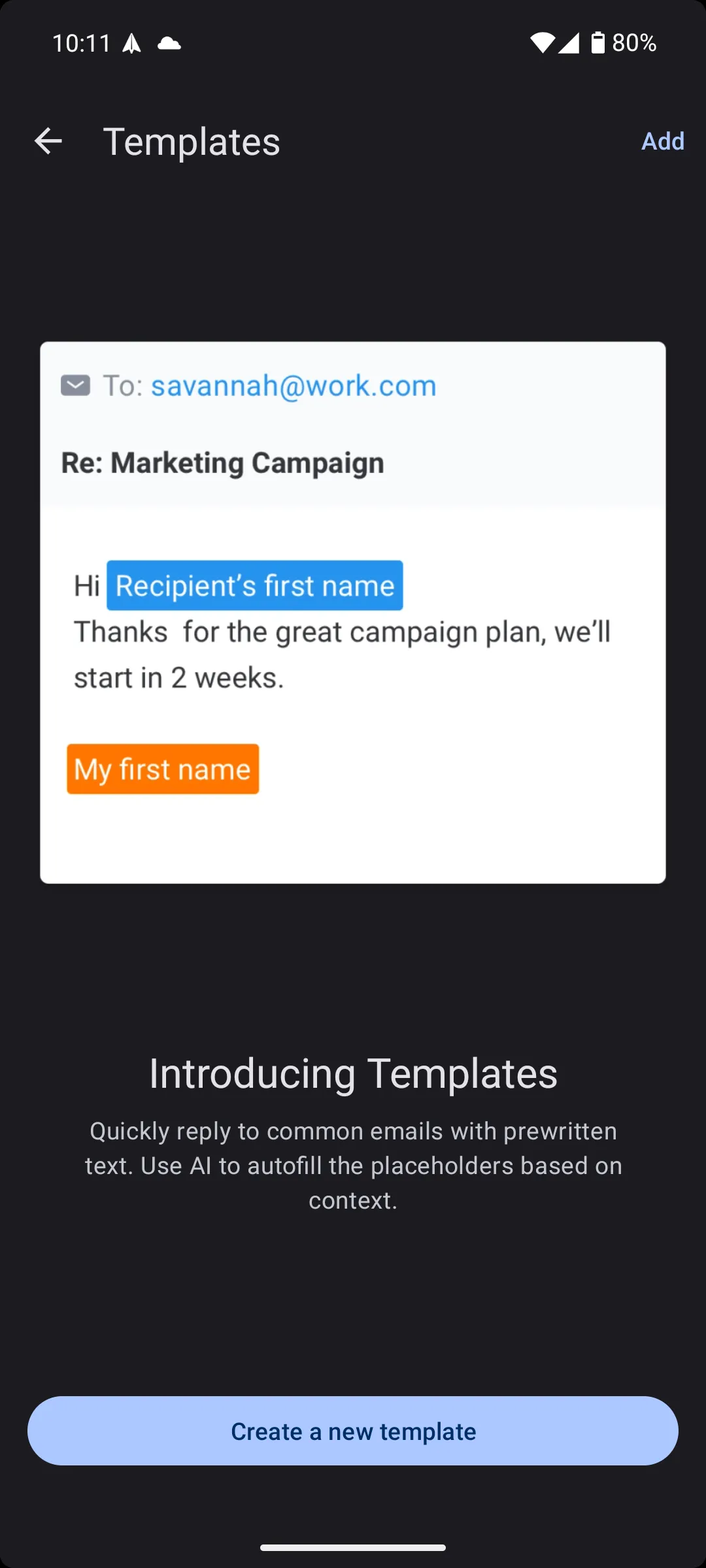 Màn hình thêm mẫu email mới trong ứng dụng Spark Mail trên Android