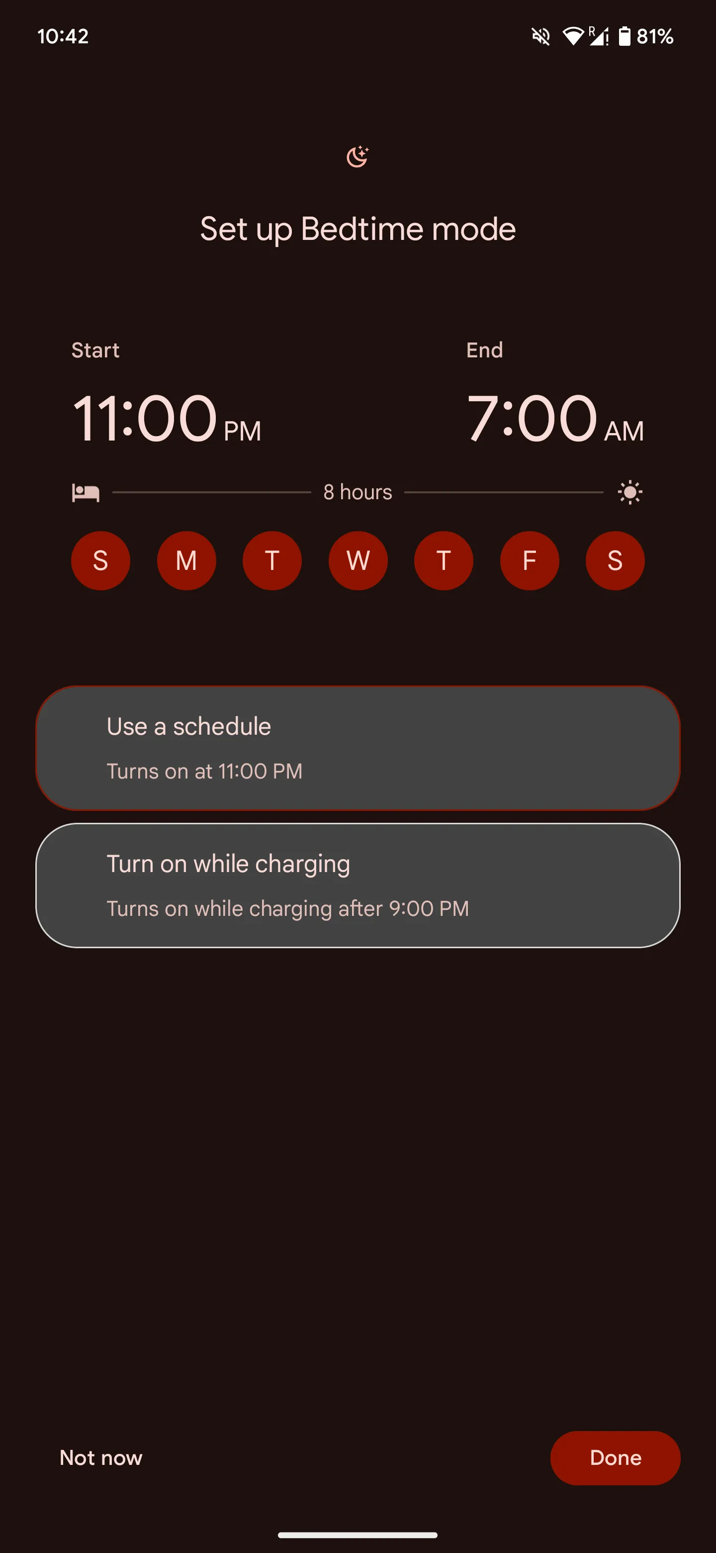 Màn hình thiết lập lịch trình cho Chế độ Giờ đi ngủ (Bedtime Mode), cho phép người dùng tùy chỉnh thời gian và các ngày trong tuần để tính năng tự động kích hoạt, tối ưu trải nghiệm sử dụng điện thoại ban đêm.