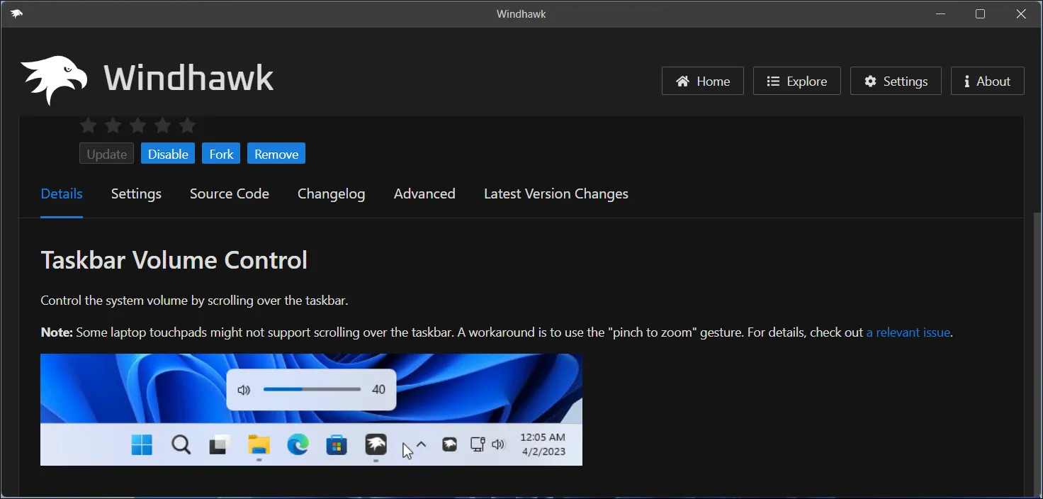 Màn hình thiết lập mod điều khiển âm lượng trực tiếp trên Taskbar qua ứng dụng Windhawk