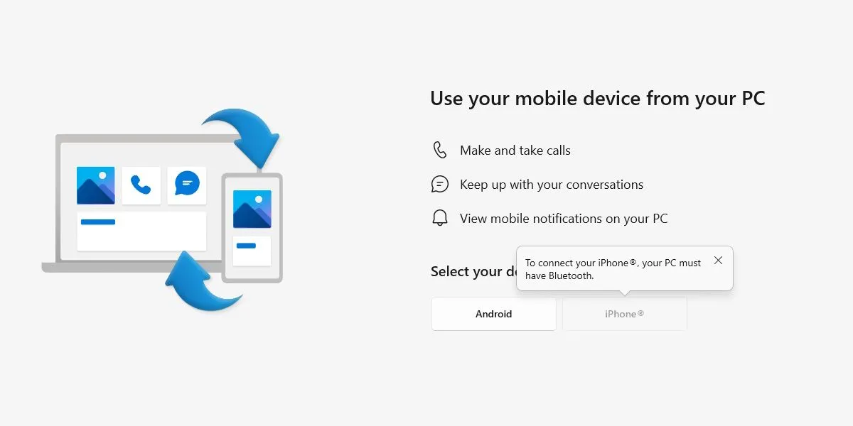 Màn hình thiết lập ứng dụng Microsoft Phone Link với mã QR để ghép nối điện thoại Android hoặc iPhone với máy tính Windows.