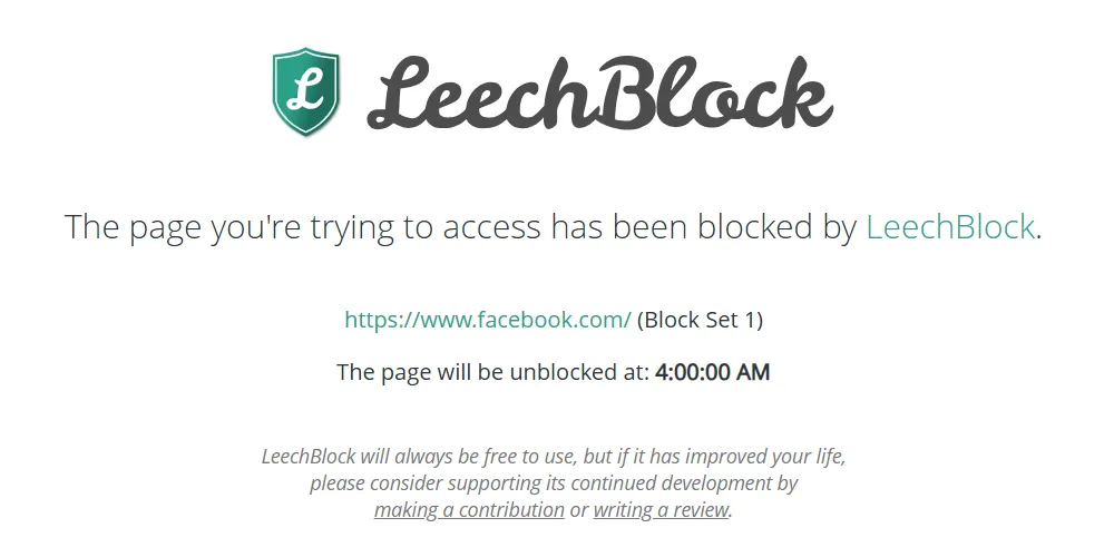Màn hình thông báo khi một trang web bị chặn bởi tiện ích LeechBlock NG trong Google Chrome.