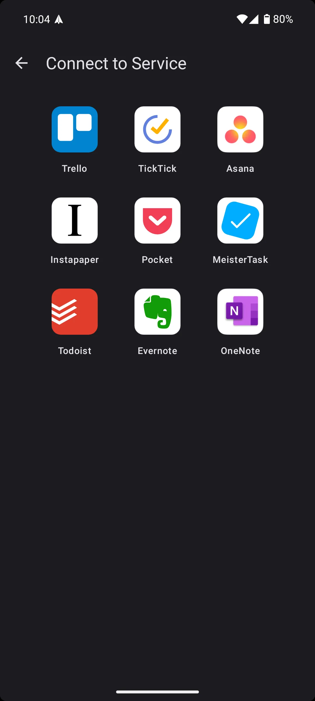 Màn hình tích hợp các dịch vụ bên thứ ba trong ứng dụng Spark Mail trên Android, cho phép kết nối với các công cụ quản lý tác vụ