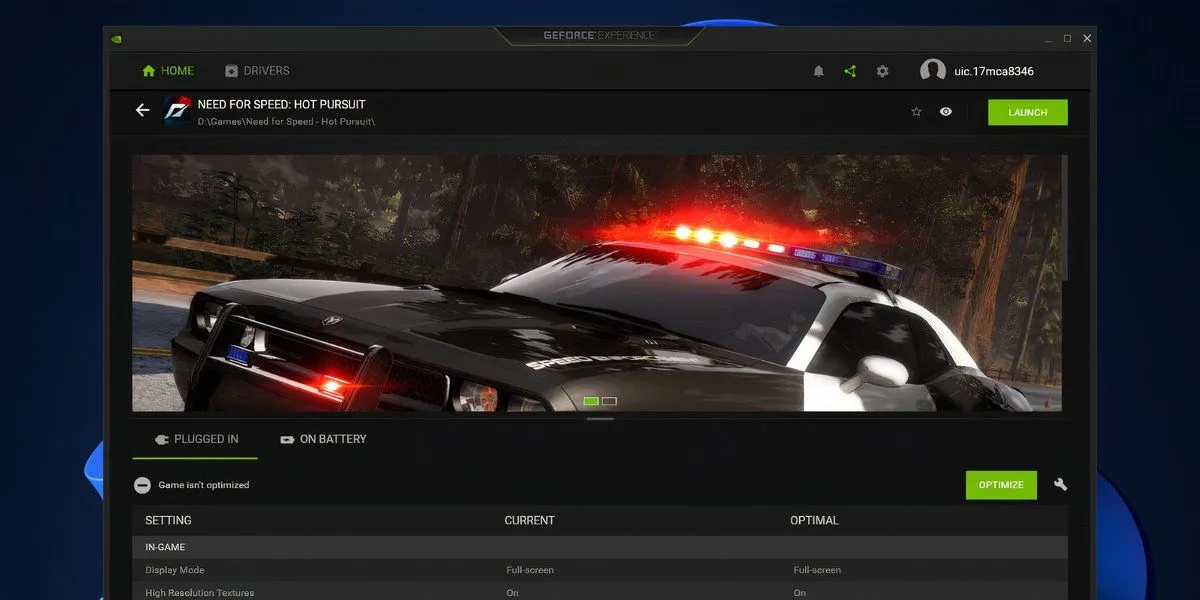 Màn hình tối ưu game trong ứng dụng NVIDIA GeForce Experience trên Windows 11, cho phép người dùng tự động hoặc thủ công điều chỉnh cài đặt để đạt hiệu suất chơi game tốt nhất trên card đồ họa NVIDIA.