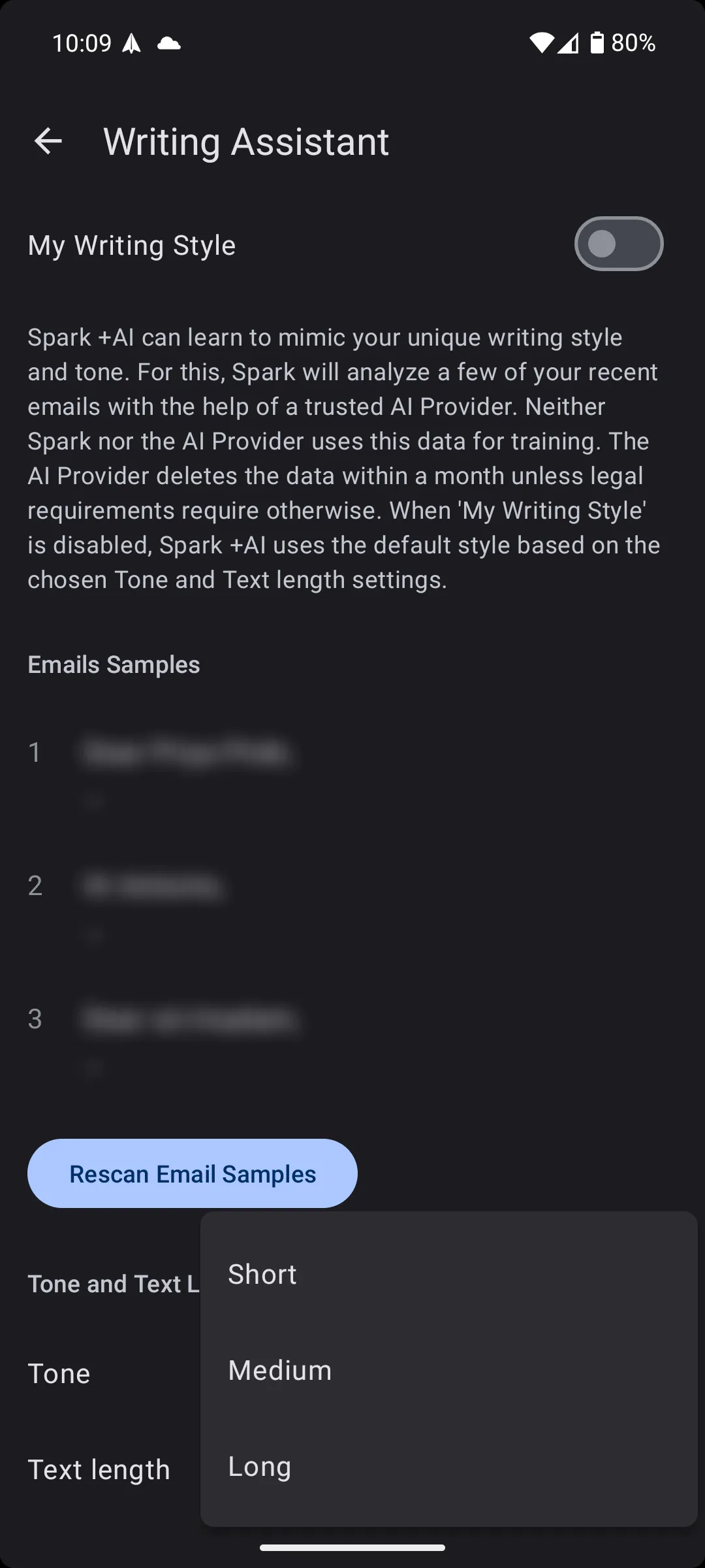 Màn hình tùy chỉnh độ dài văn bản trong tính năng trợ lý viết AI của Spark Mail, với các tùy chọn từ &quot;Short&quot; đến &quot;Long&quot;