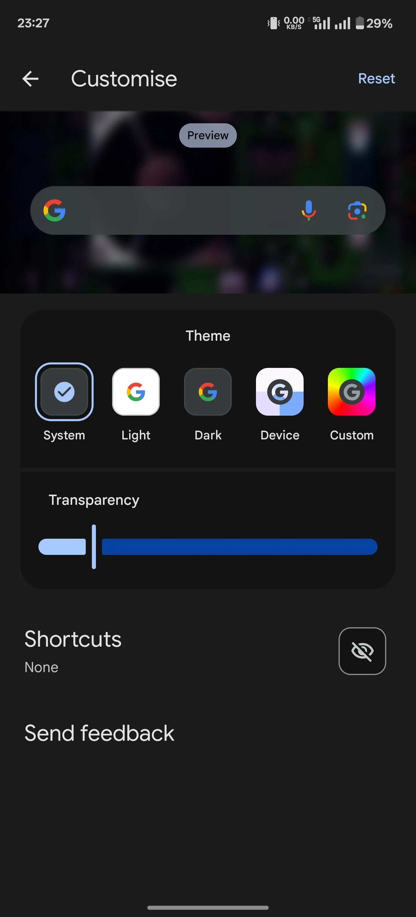 Màn hình tùy chỉnh widget Google Search trong ứng dụng Google, hiển thị các tùy chọn phím tắt.