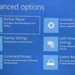 Màn hình tùy chọn nâng cao (Advanced Options) trong môi trường khôi phục Windows hiển thị các công cụ sửa chữa khởi động và khôi phục hệ thống.