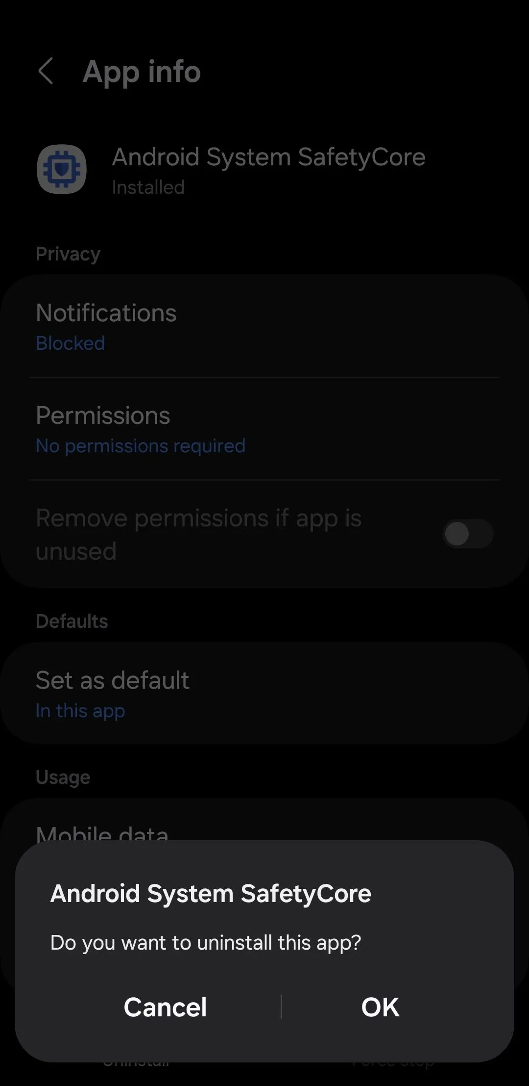 Màn hình ứng dụng Android System SafetyCore hiển thị tùy chọn gỡ cài đặt trên điện thoại Android