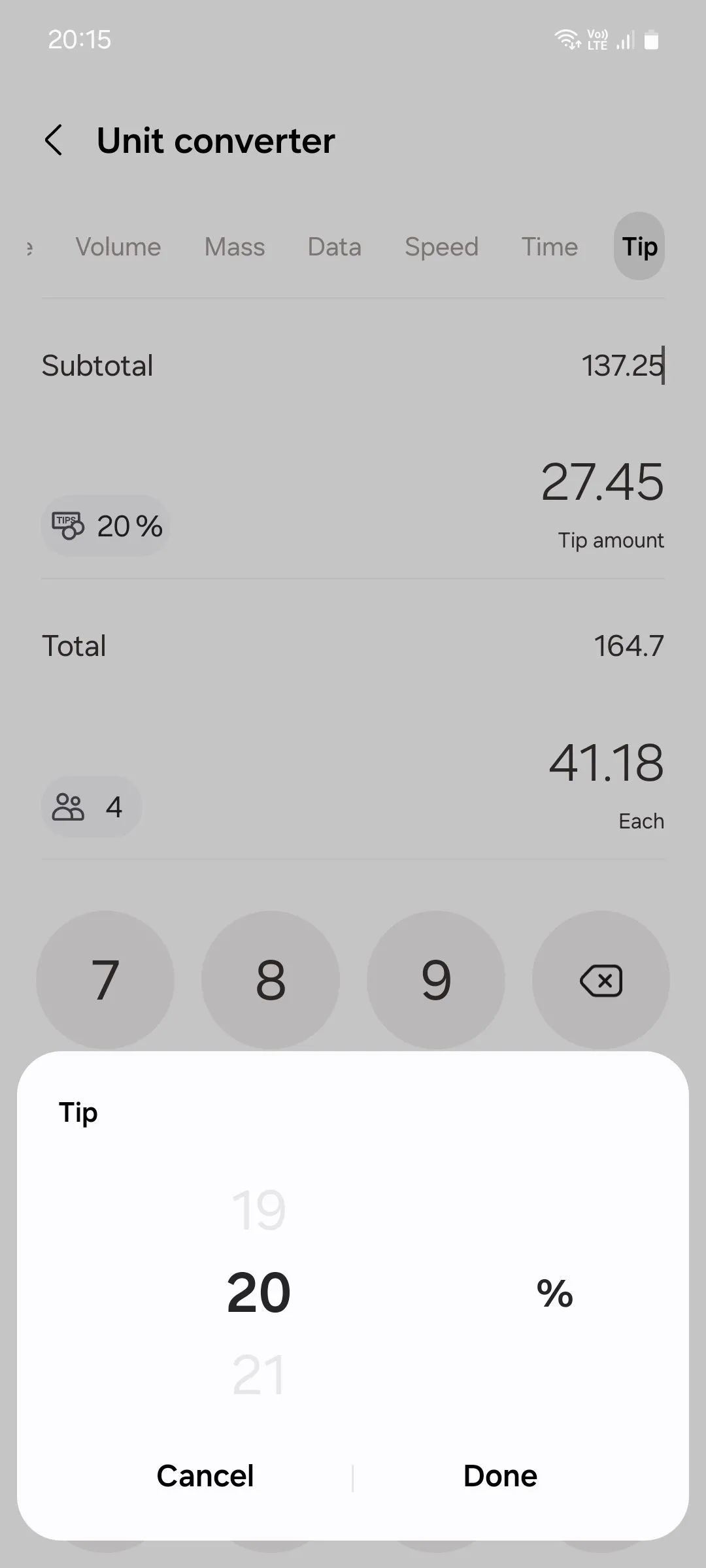 Màn hình ứng dụng Máy tính Samsung hướng dẫn thêm phần trăm tiền boa