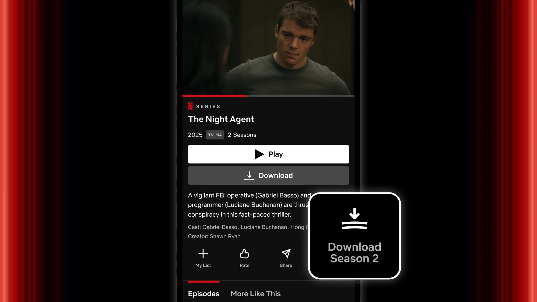 Màn hình ứng dụng Netflix hiển thị nút tải toàn bộ mùa phim trên iPhone