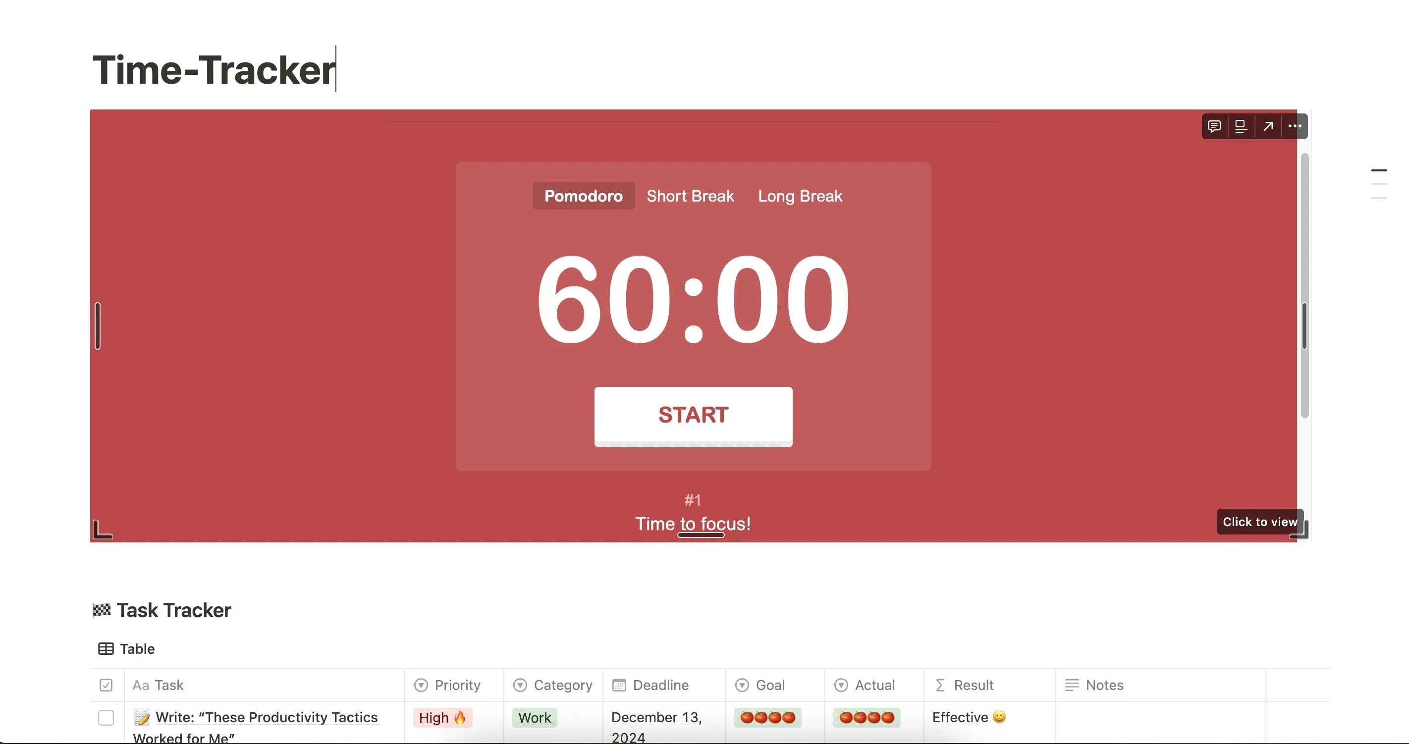 Màn hình ứng dụng Notion Pomodoro Tracker với thiết lập thời gian làm việc 60 phút