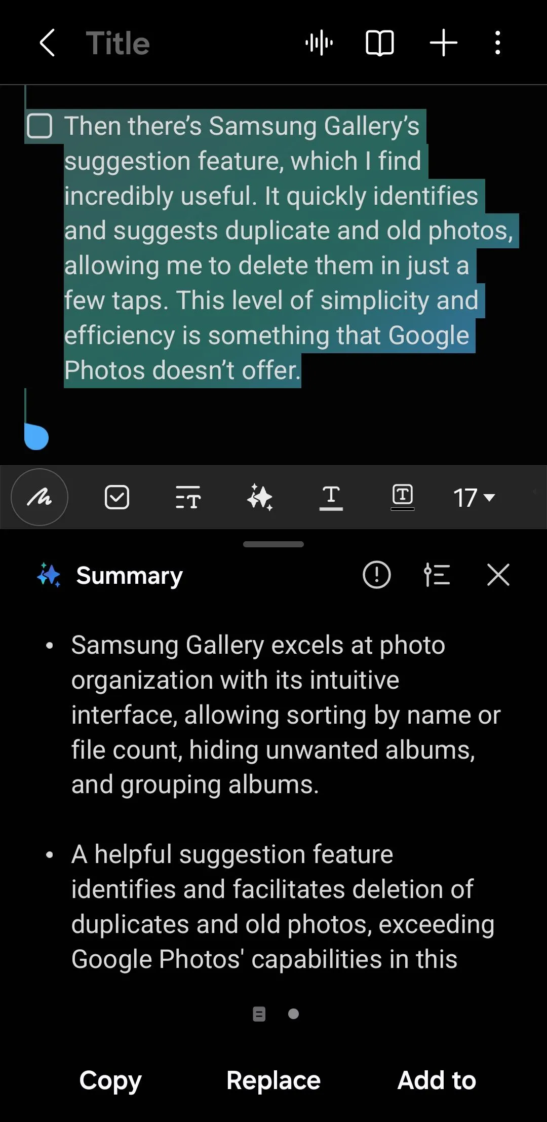 Màn hình ứng dụng Samsung Notes hiển thị bản tóm tắt nội dung ghi chú