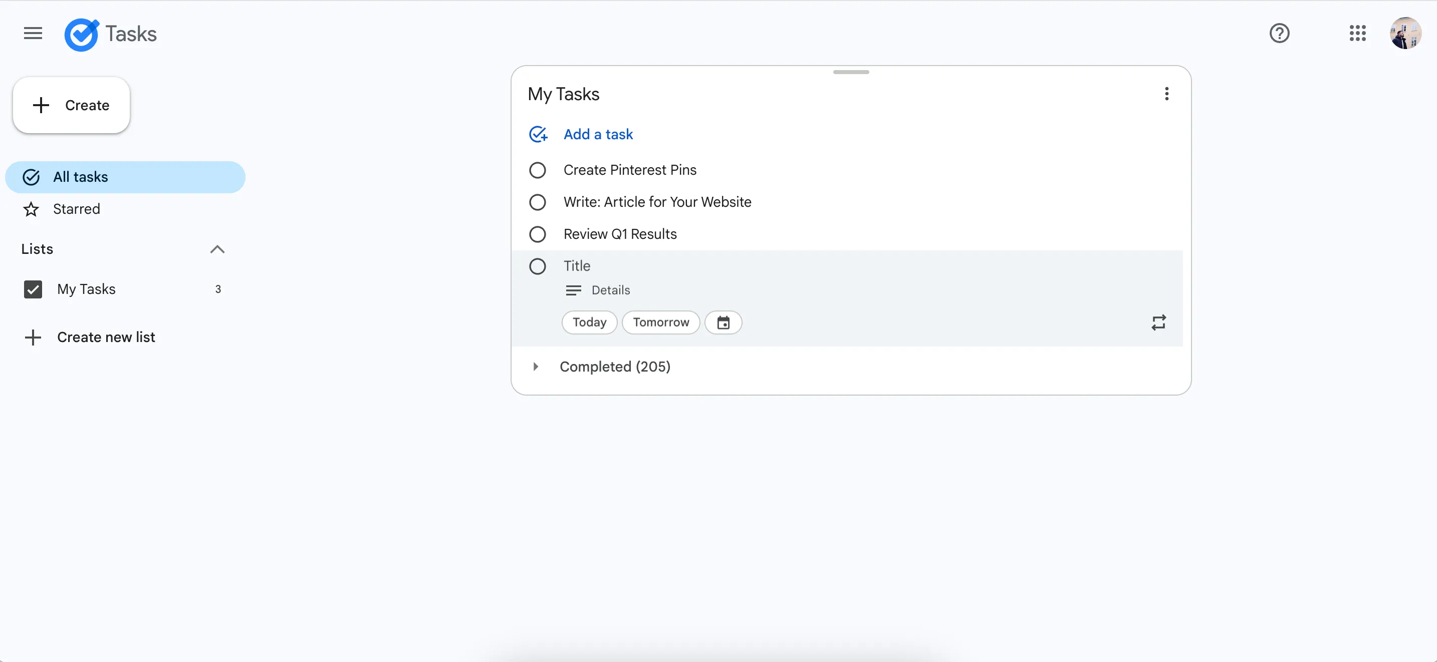 Màn hình ứng dụng web Google Tasks hiển thị danh sách các công việc cần làm trong ngày, minh họa tính năng lên kế hoạch đơn giản