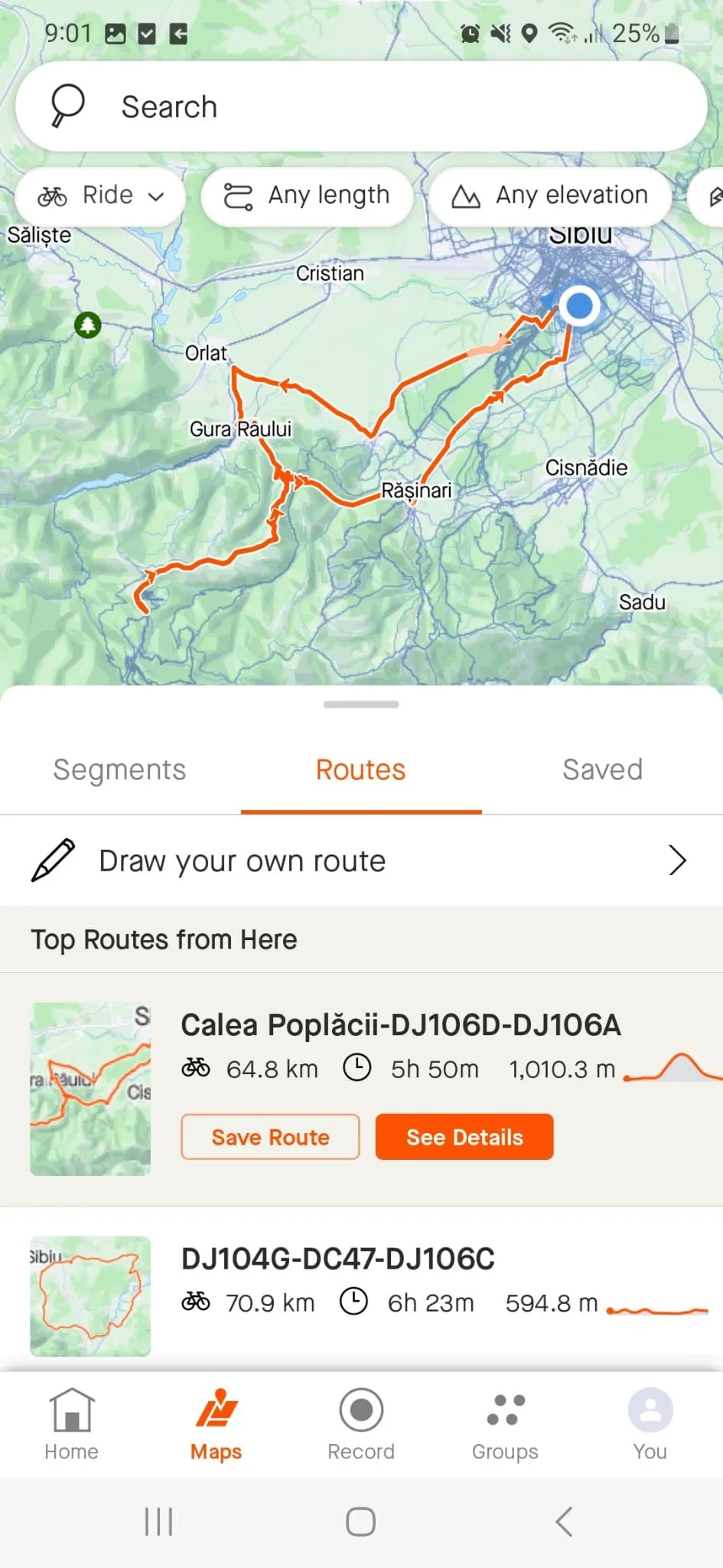 Màn hình vẽ lộ trình tập luyện trong ứng dụng Strava, cho phép người dùng tạo và tùy chỉnh đường chạy hoặc đạp xe.