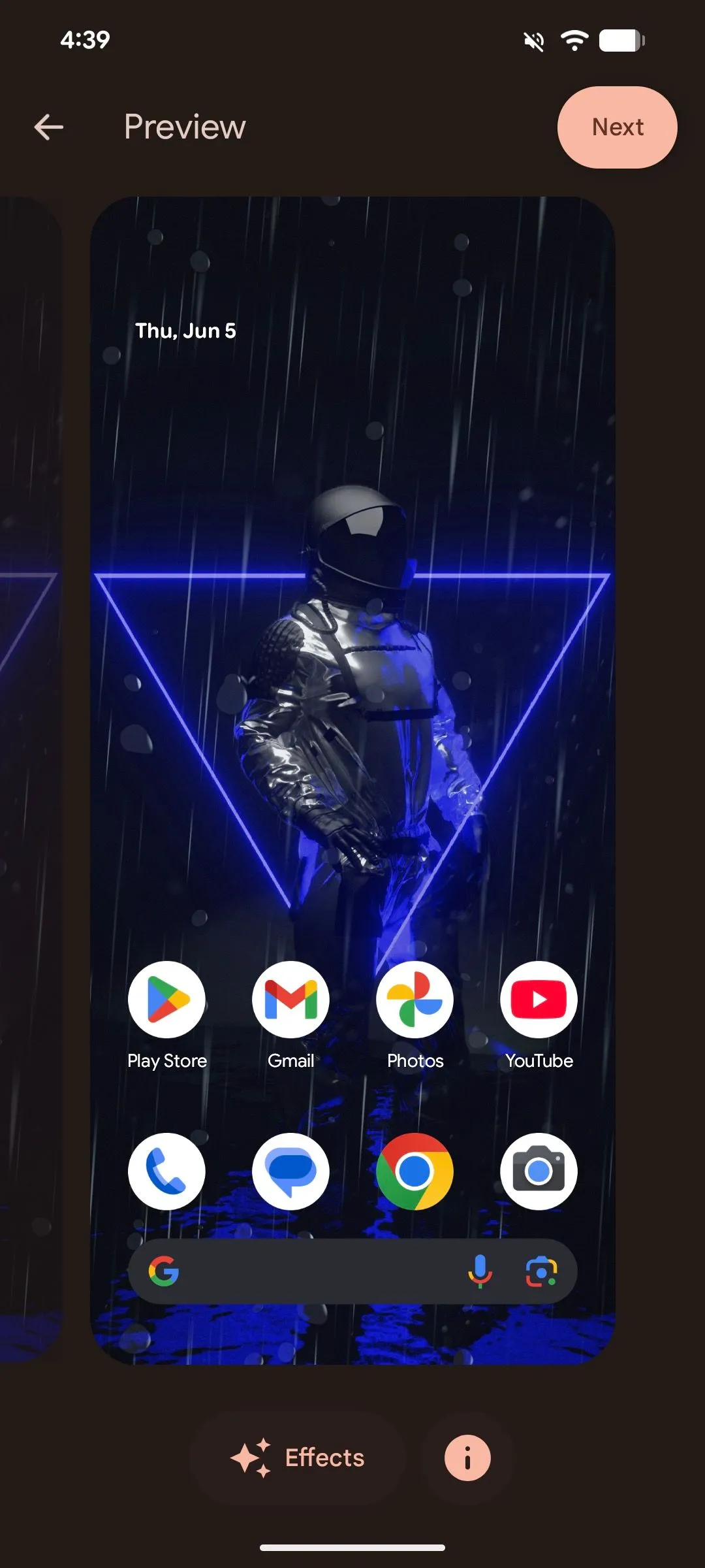 Màn hình xem trước hình nền đã áp dụng hiệu ứng trên Android 16.