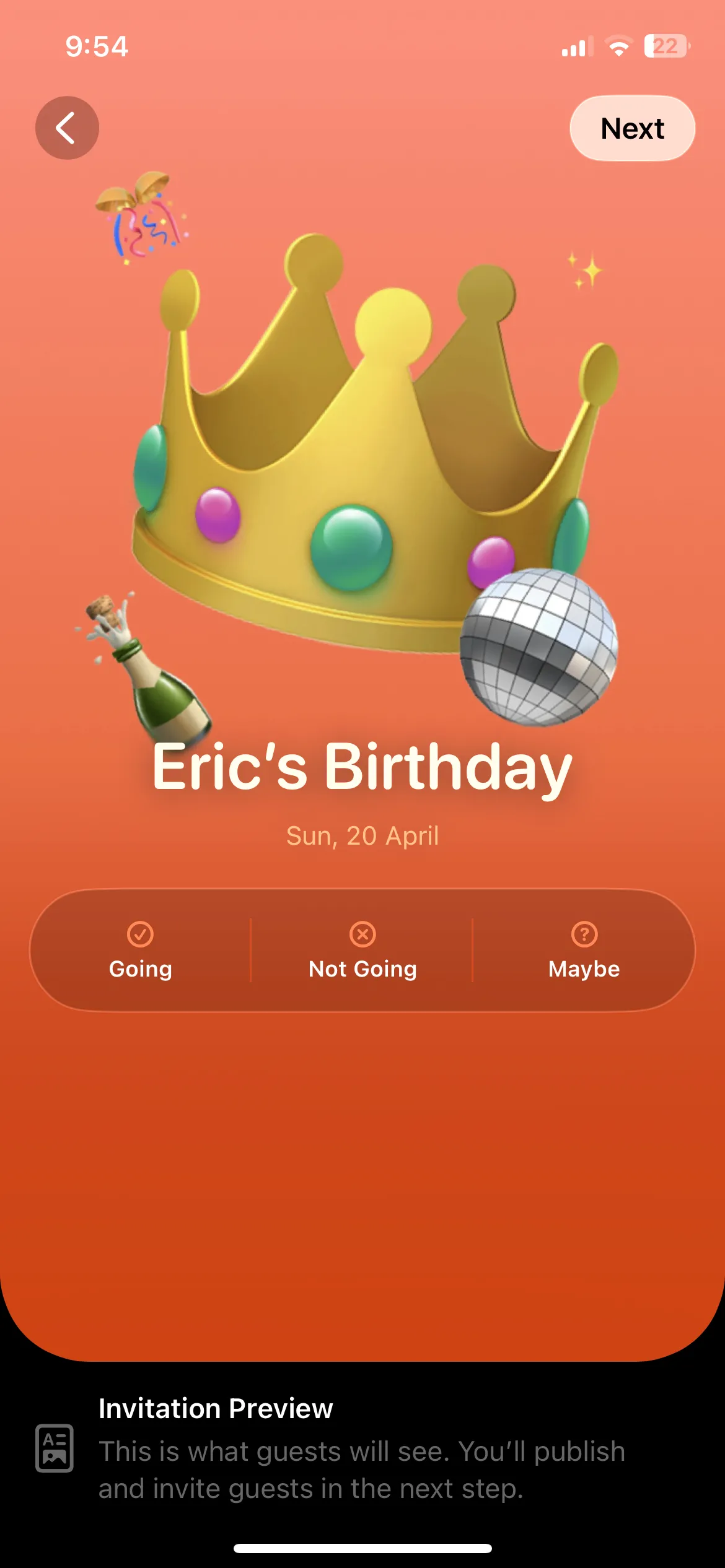 Màn hình xem trước thiệp mời kỹ thuật số trong ứng dụng Apple Invites, tối ưu cho việc tổ chức sự kiện.