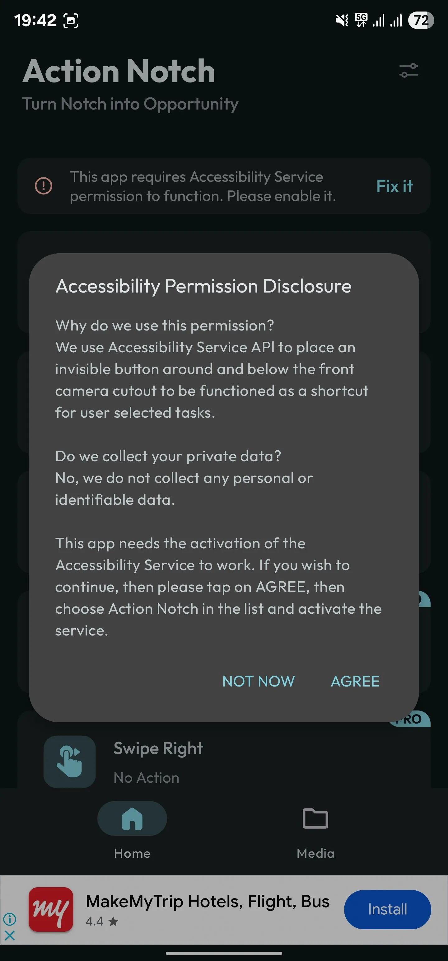 Màn hình yêu cầu cấp quyền trợ năng trong ứng dụng Action Notch trên Android.