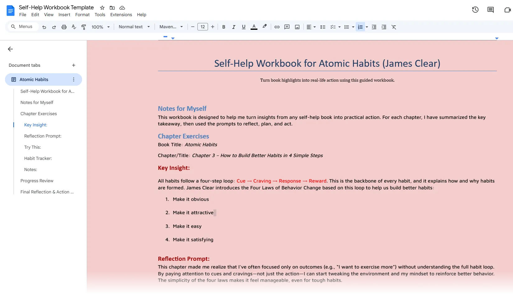 Mẫu bố cục sách bài tập cá nhân trong Google Docs