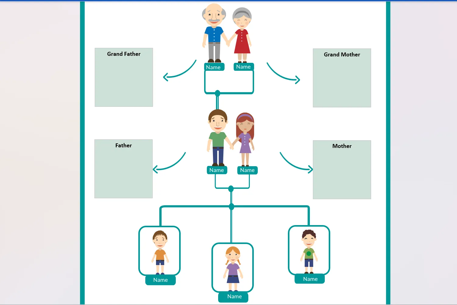 Mẫu cây gia đình chi tiết dành cho trẻ em với hình ảnh hoạt hình trong Microsoft Word.