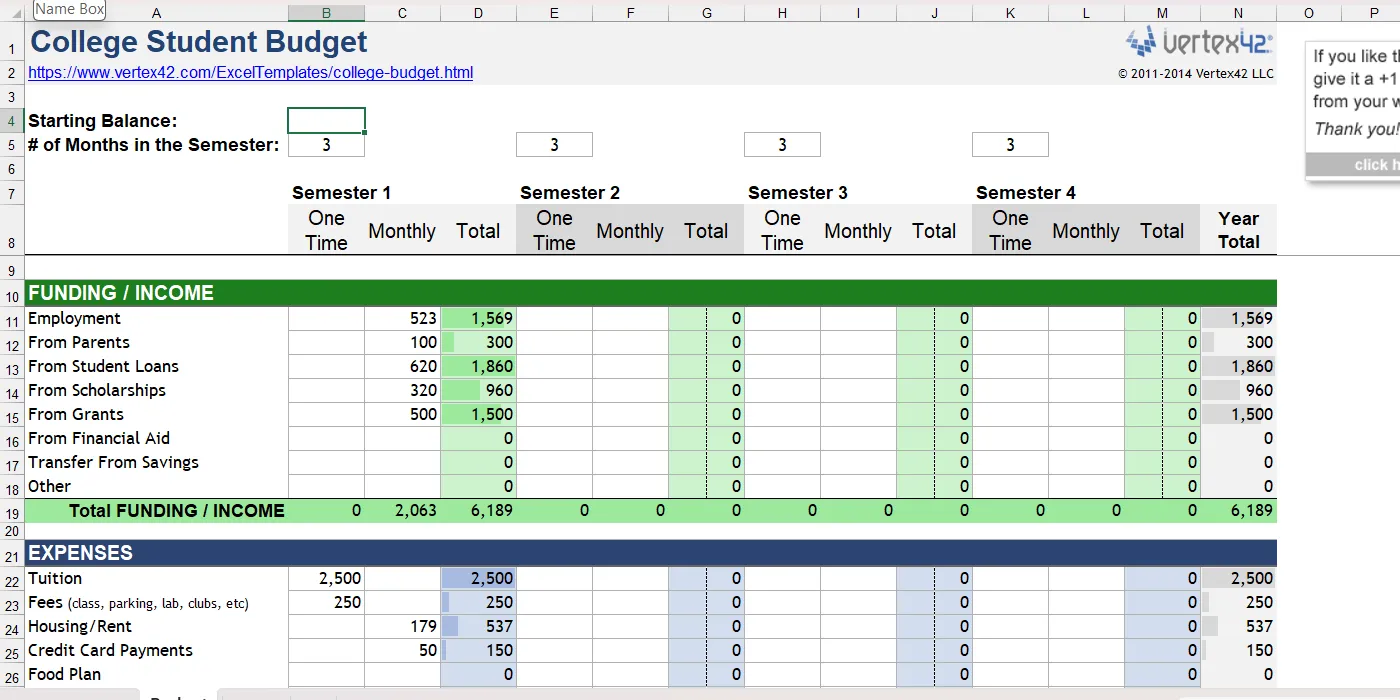 Mẫu Excel quản lý ngân sách sinh viên chi tiết