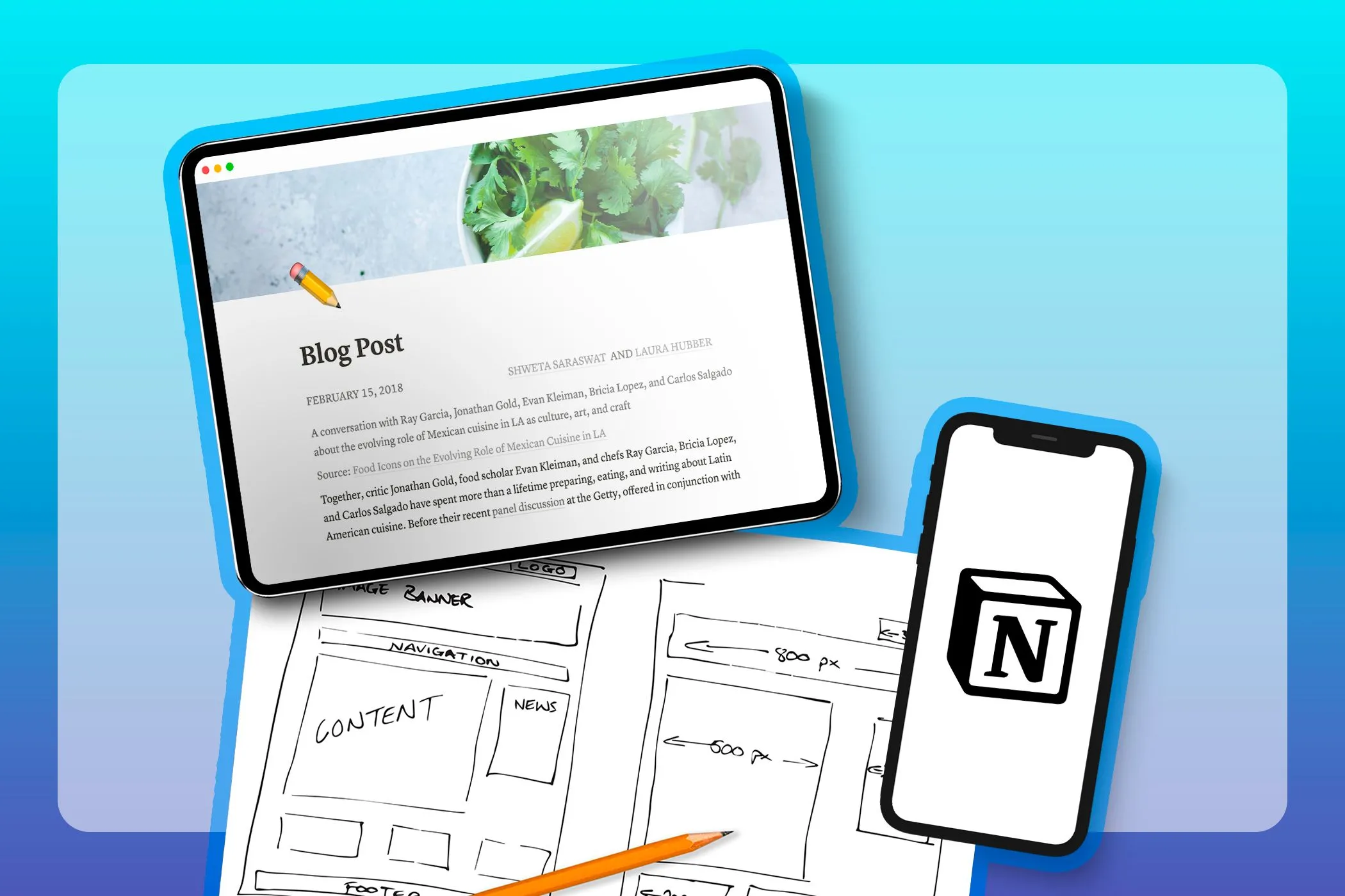 Máy tính bảng hiển thị một trang web được tạo bằng Notion Sites cùng với điện thoại có logo Notion, thể hiện khả năng tùy biến giao diện