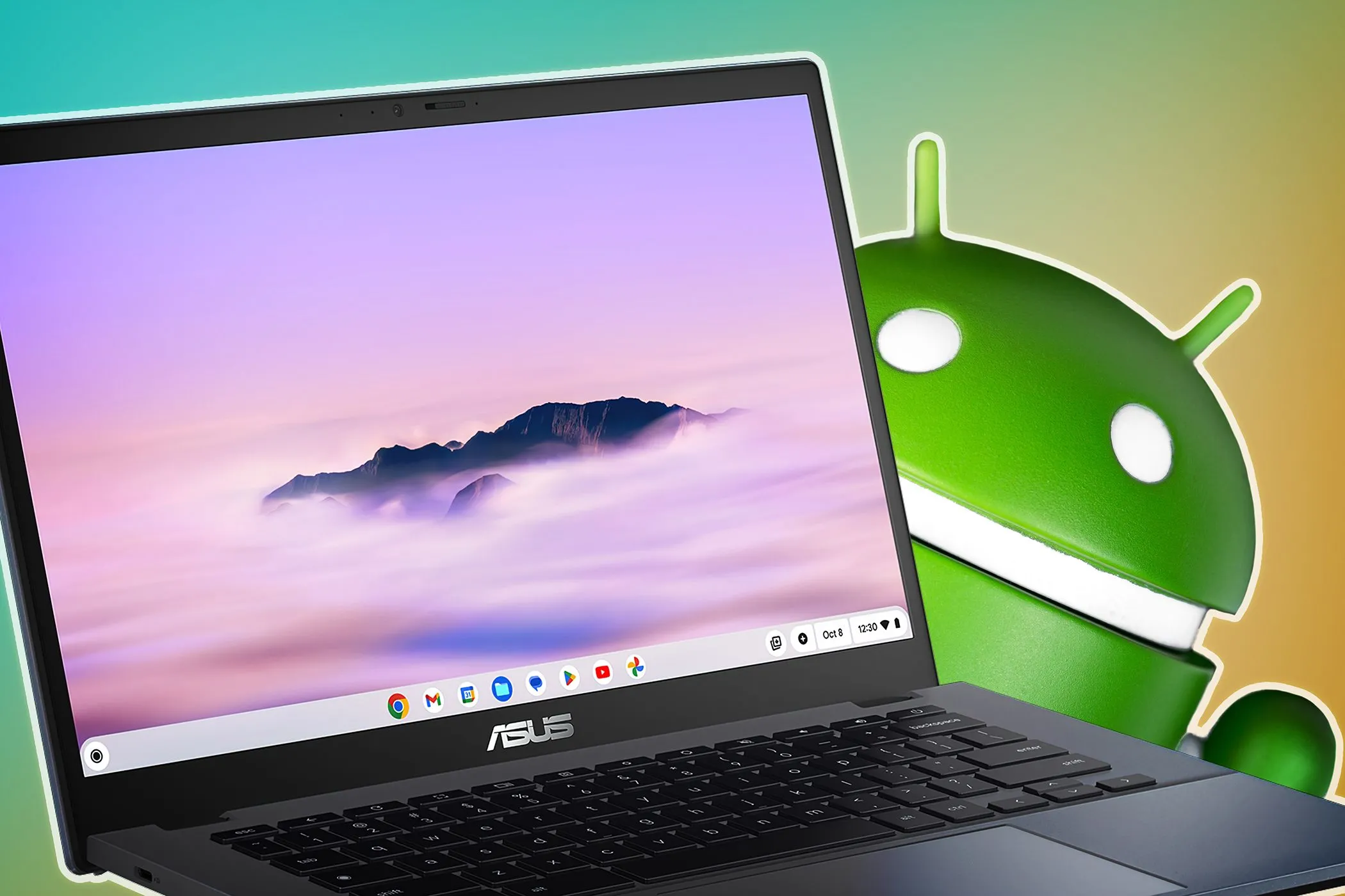 Máy tính xách tay Chromebook ASUS với logo Android, biểu thị khả năng tương thích và chạy ứng dụng Android