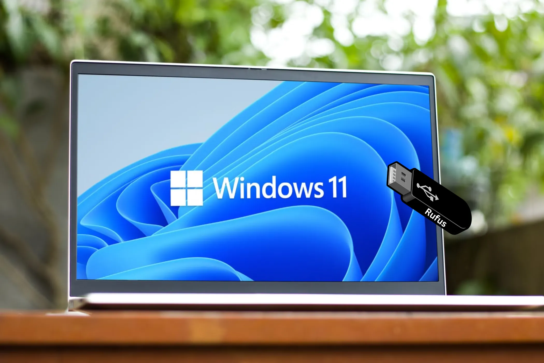 Máy tính xách tay hiển thị logo Windows 11 và biểu tượng USB với Rufus