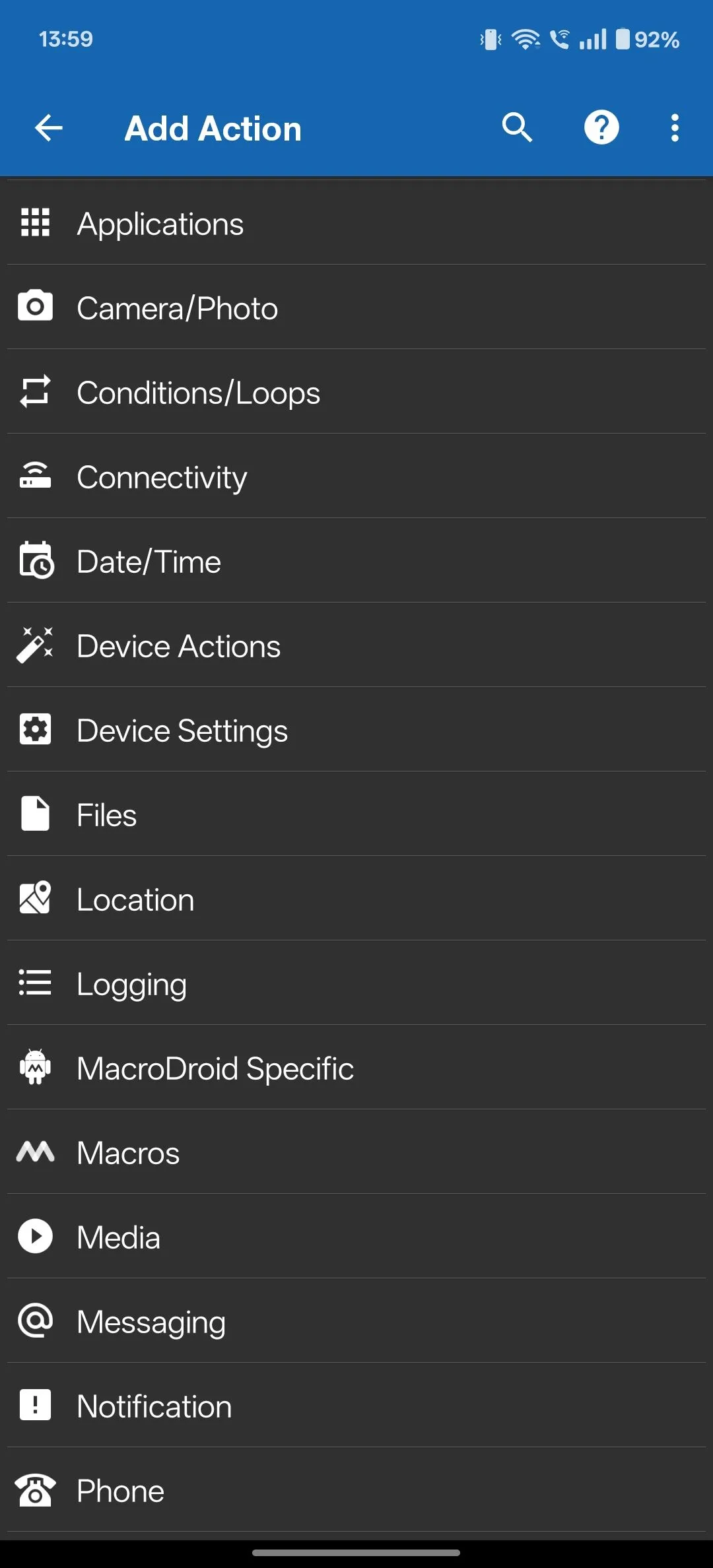 Menu các hành động (Actions) trong MacroDroid, cho phép thêm thông báo và các chức năng khác.