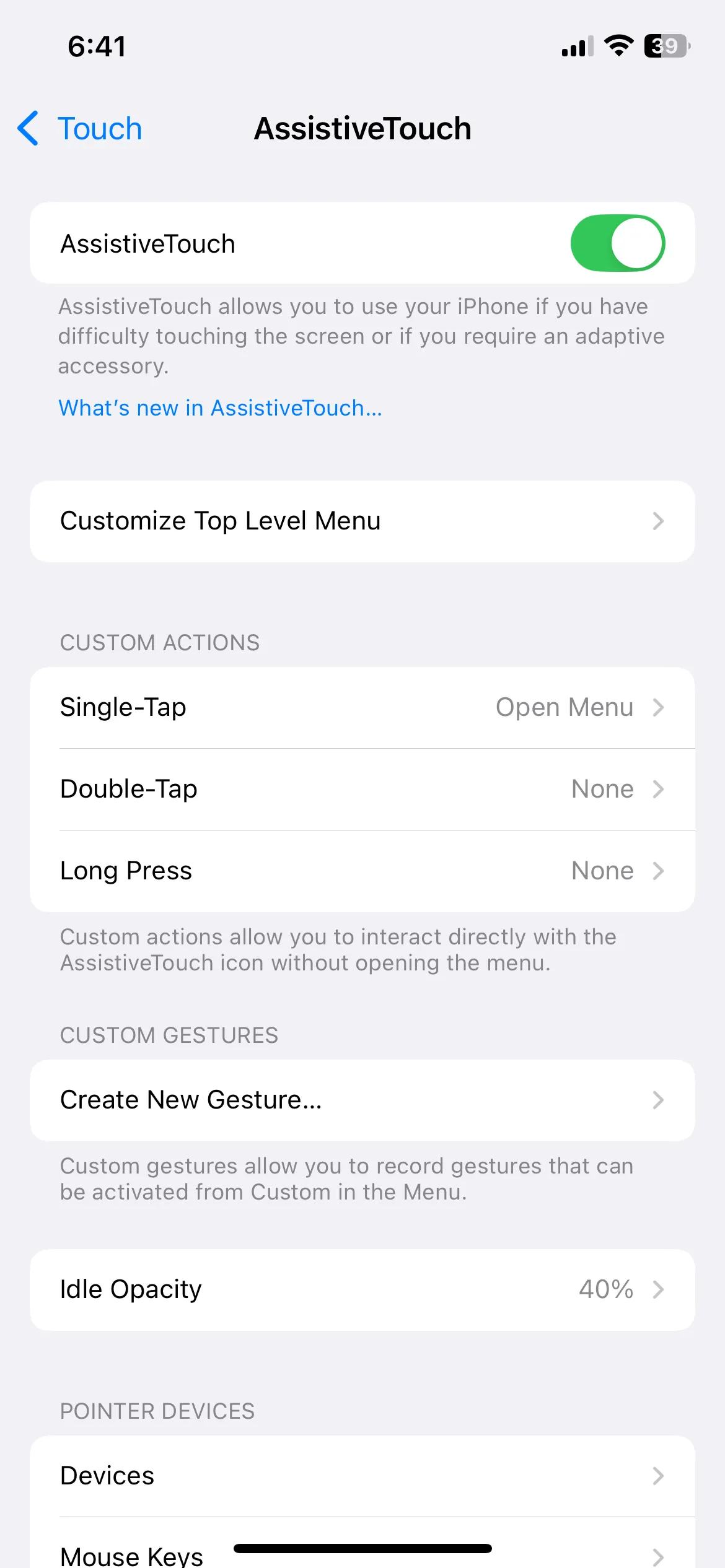 Menu cài đặt AssistiveTouch trong phần Trợ năng của iPhone.