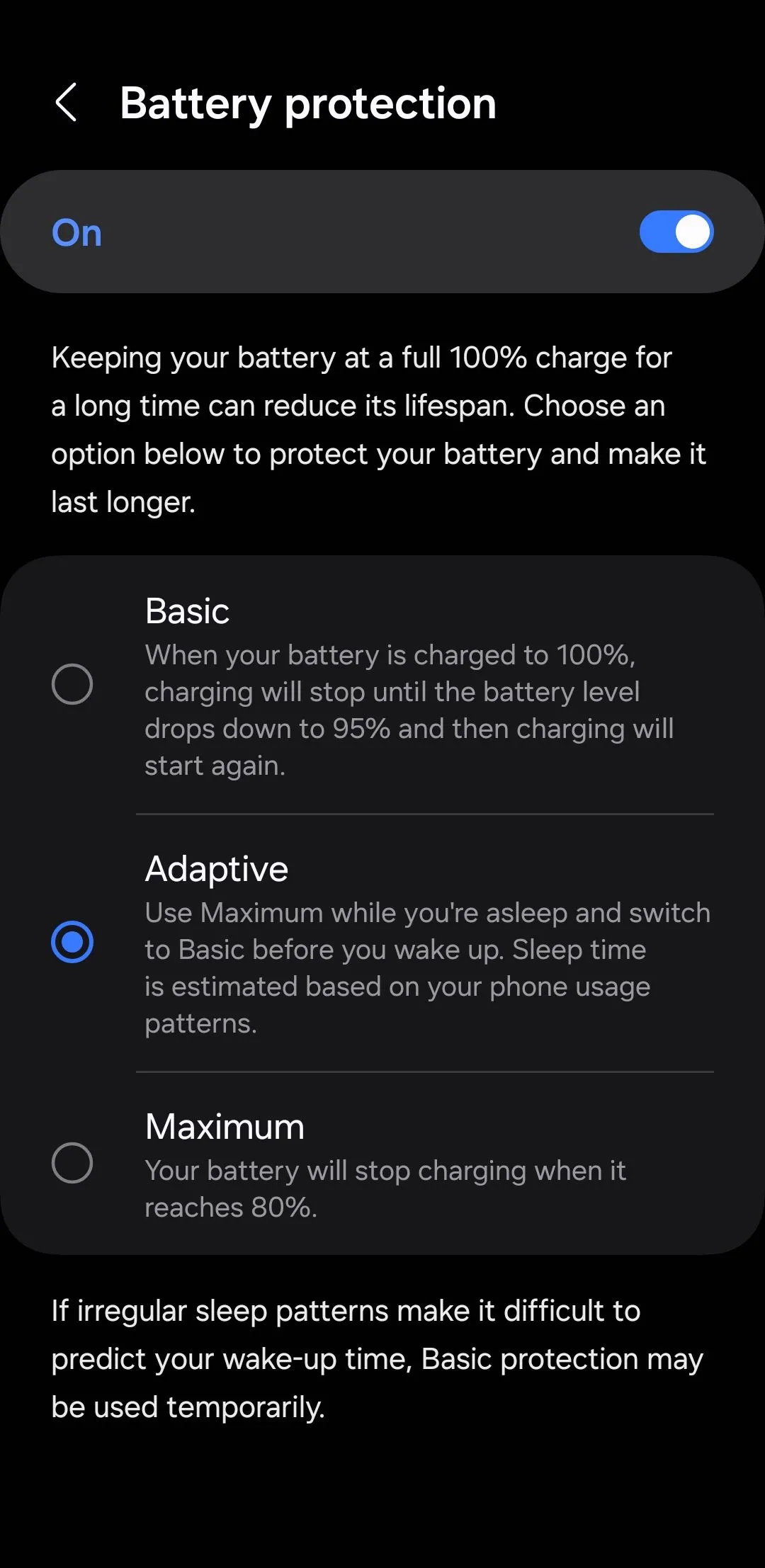 Menu cài đặt bảo vệ pin trên Android, bao gồm tùy chọn giới hạn sạc để kéo dài tuổi thọ pin