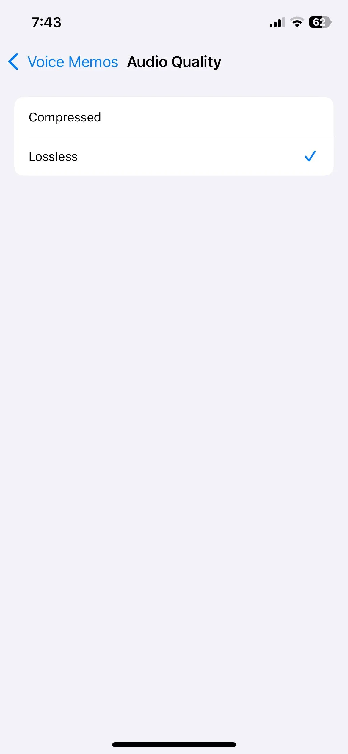 Menu cài đặt chất lượng âm thanh iPhone với tùy chọn Lossless được chọn
