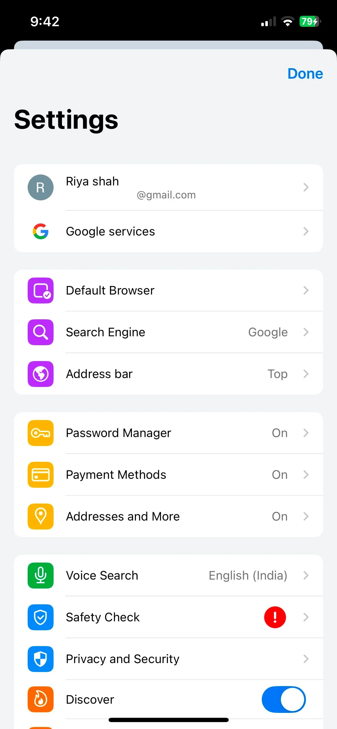 Menu cài đặt của Chrome trên hệ điều hành iOS