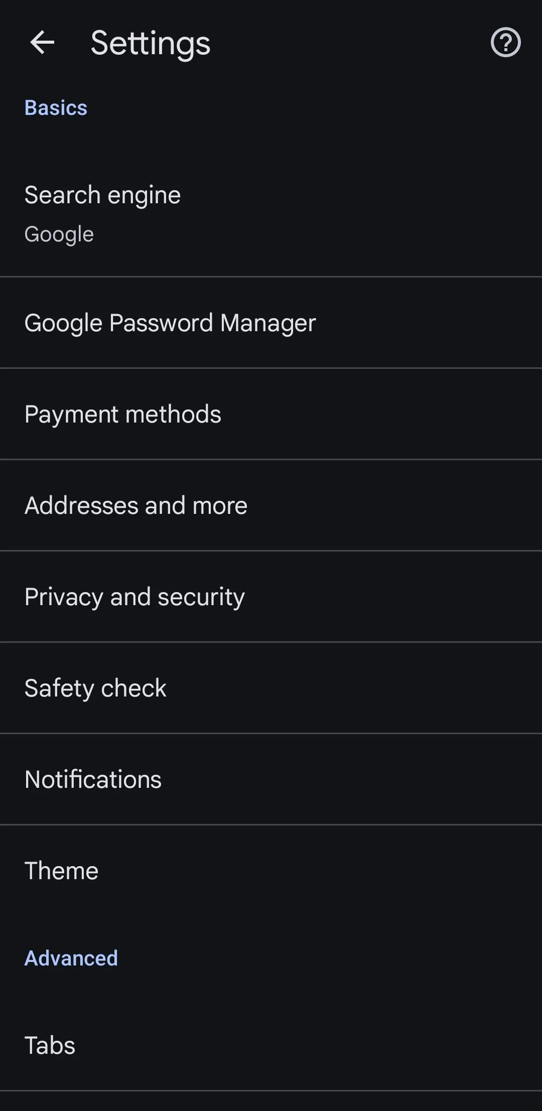 Menu cài đặt của trình duyệt Google Chrome trên Android