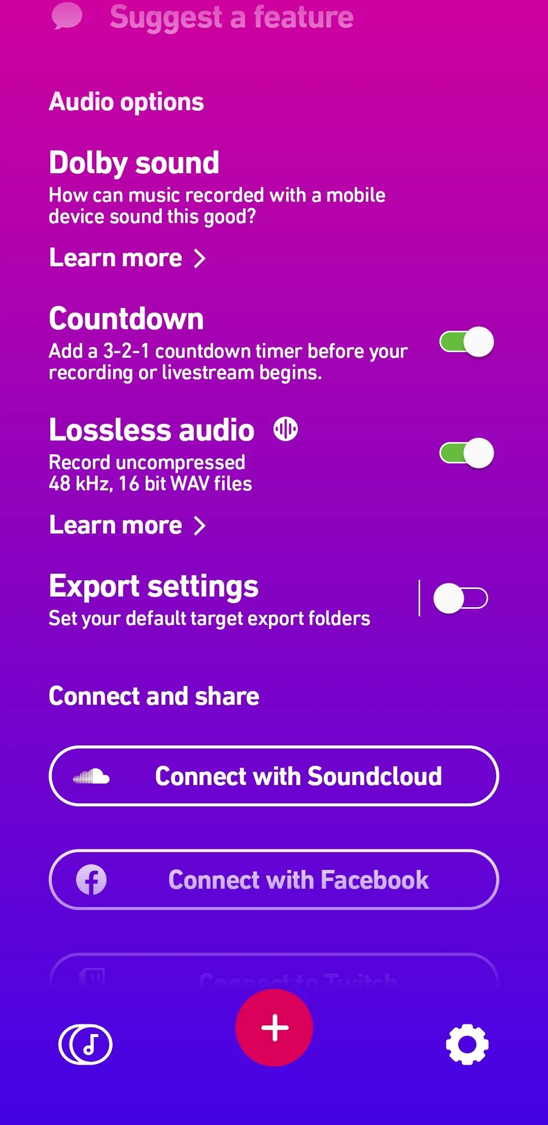 Menu cài đặt của ứng dụng Dolby On, hiển thị tùy chọn bật/tắt tính năng đếm ngược khi ghi âm