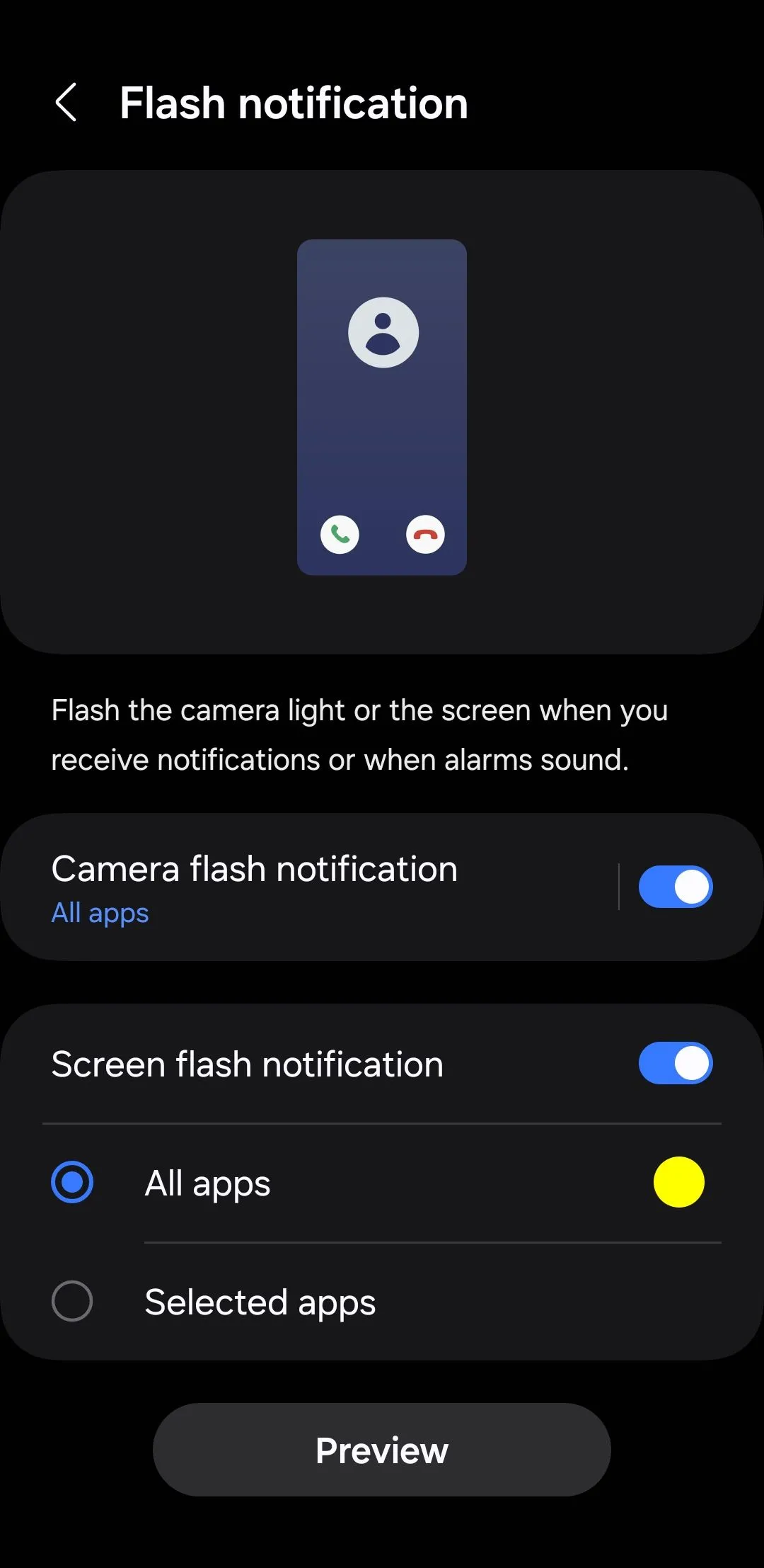 Menu cài đặt đèn flash thông báo trên điện thoại Android