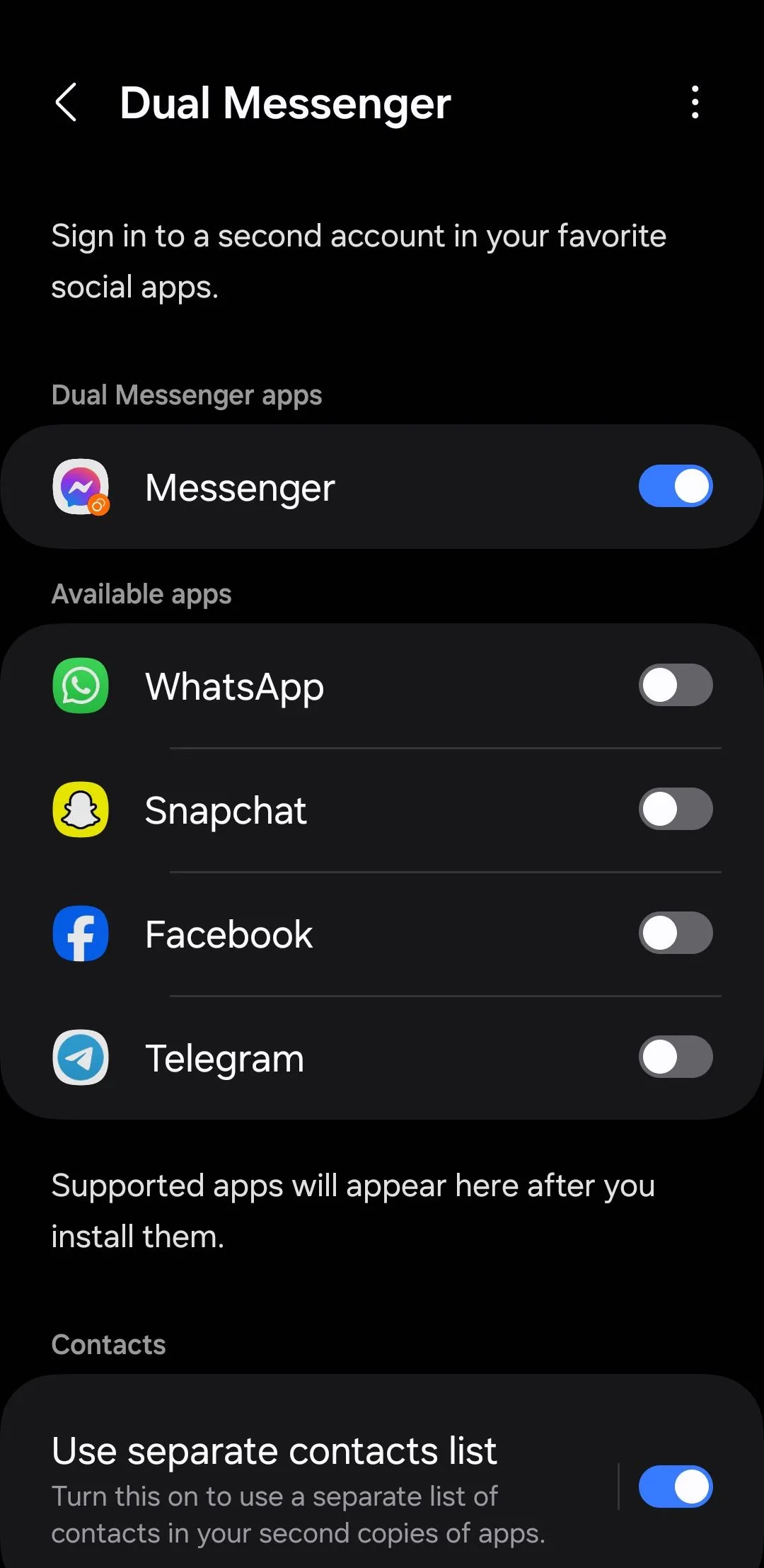 Menu cài đặt Dual Messenger trên điện thoại Samsung cho phép nhân bản ứng dụng