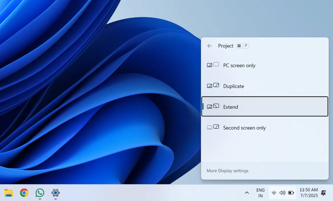 Menu cài đặt hiển thị (Projection) trên Windows 11 để mở rộng màn hình