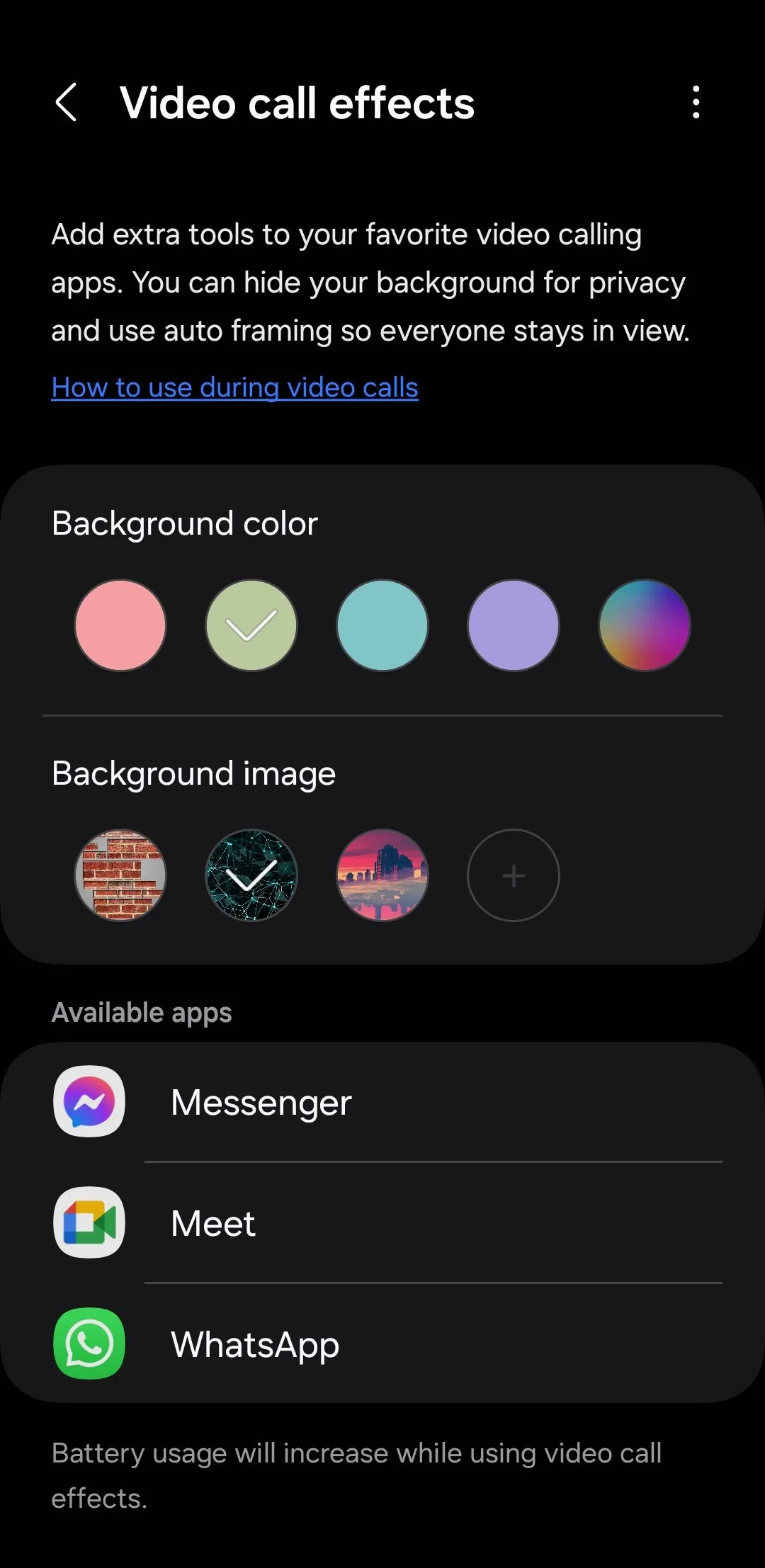 Menu cài đặt hiệu ứng cuộc gọi video trên điện thoại Samsung với các tùy chọn nền
