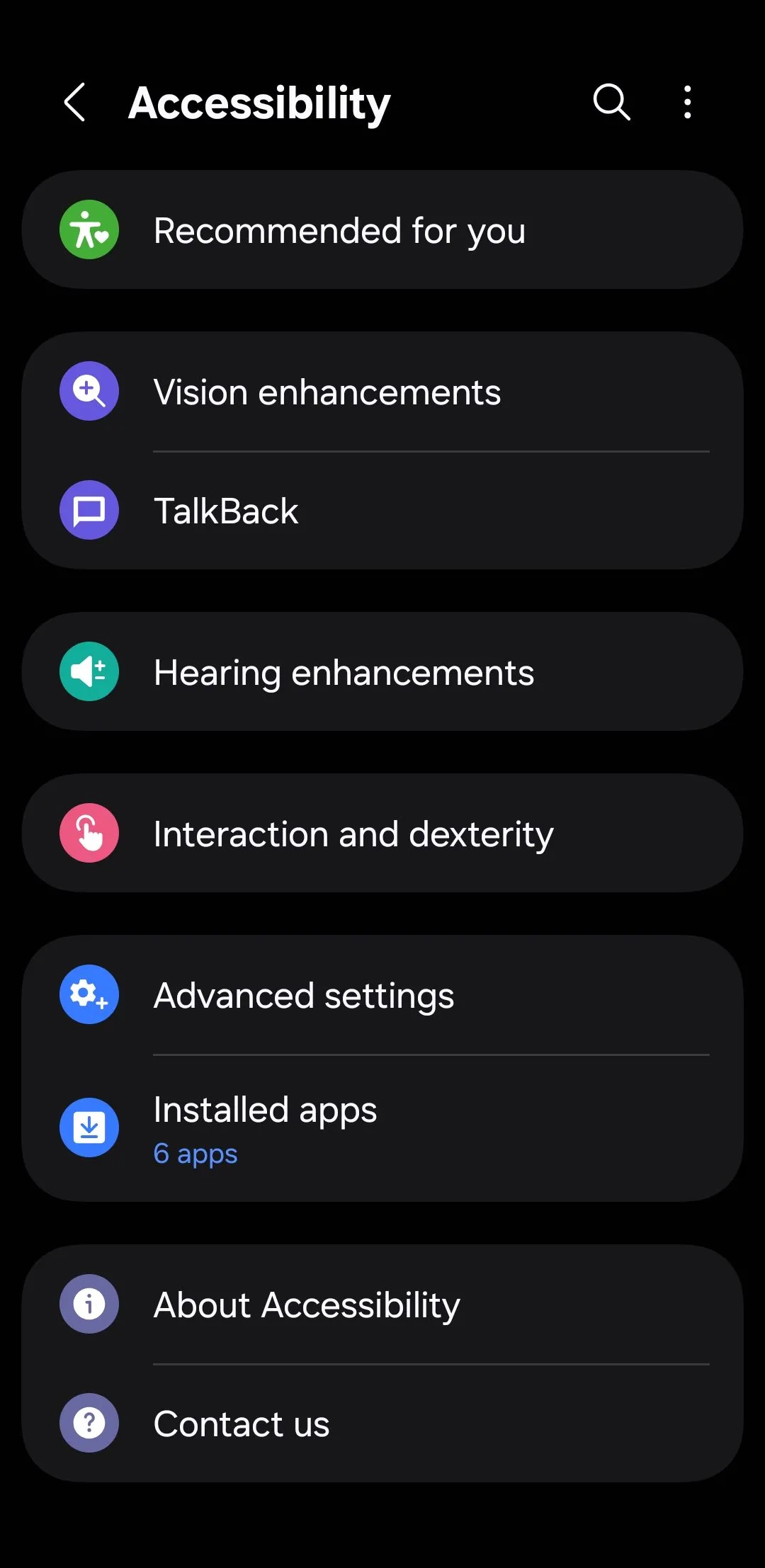 Menu cài đặt hỗ trợ tiếp cận trên điện thoại Android