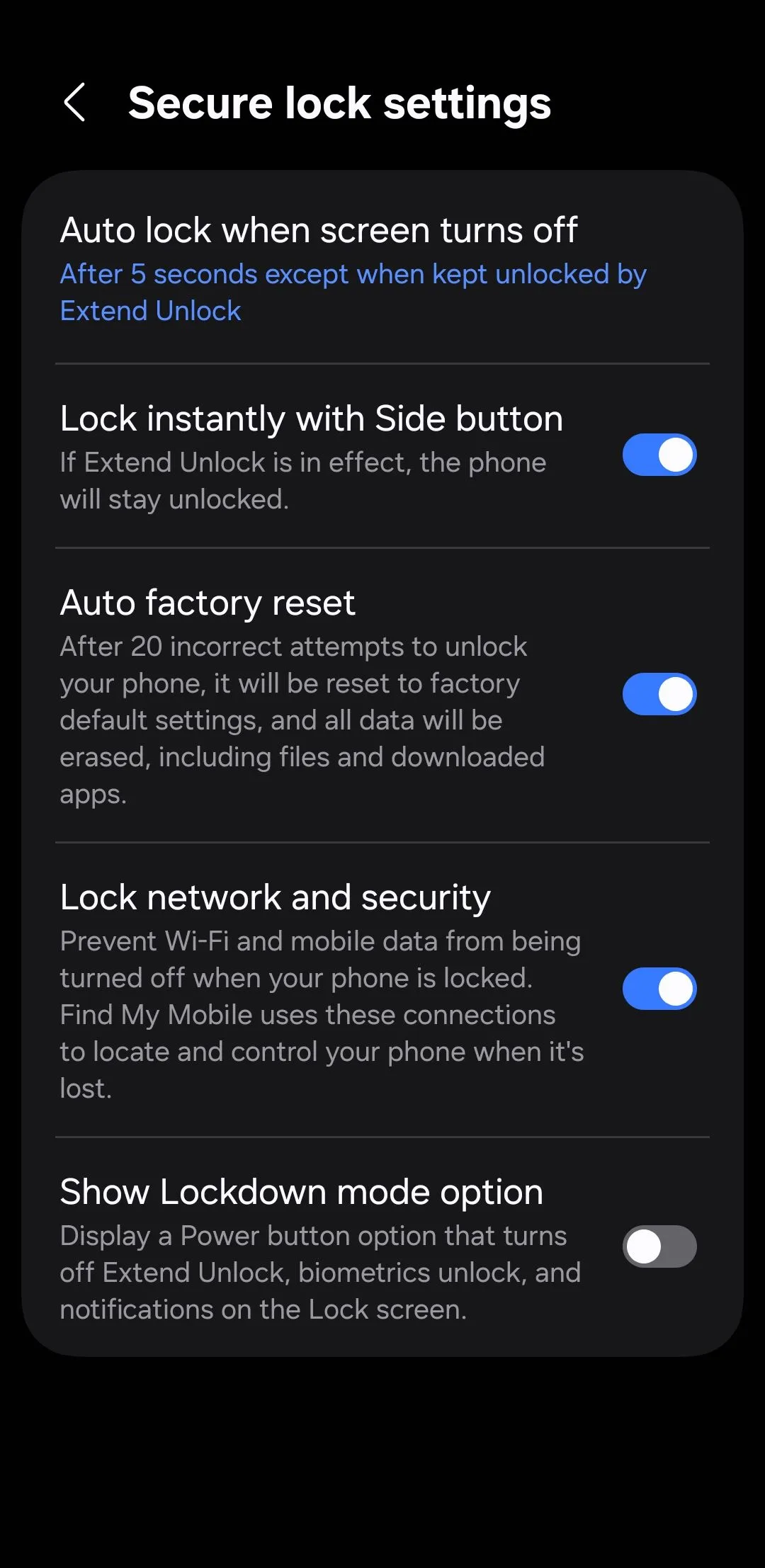 Menu cài đặt khóa bảo mật (Secure lock settings) trên điện thoại Android, nơi người dùng có thể kích hoạt tính năng khóa mạng, bảo mật và tự động khôi phục cài đặt gốc.