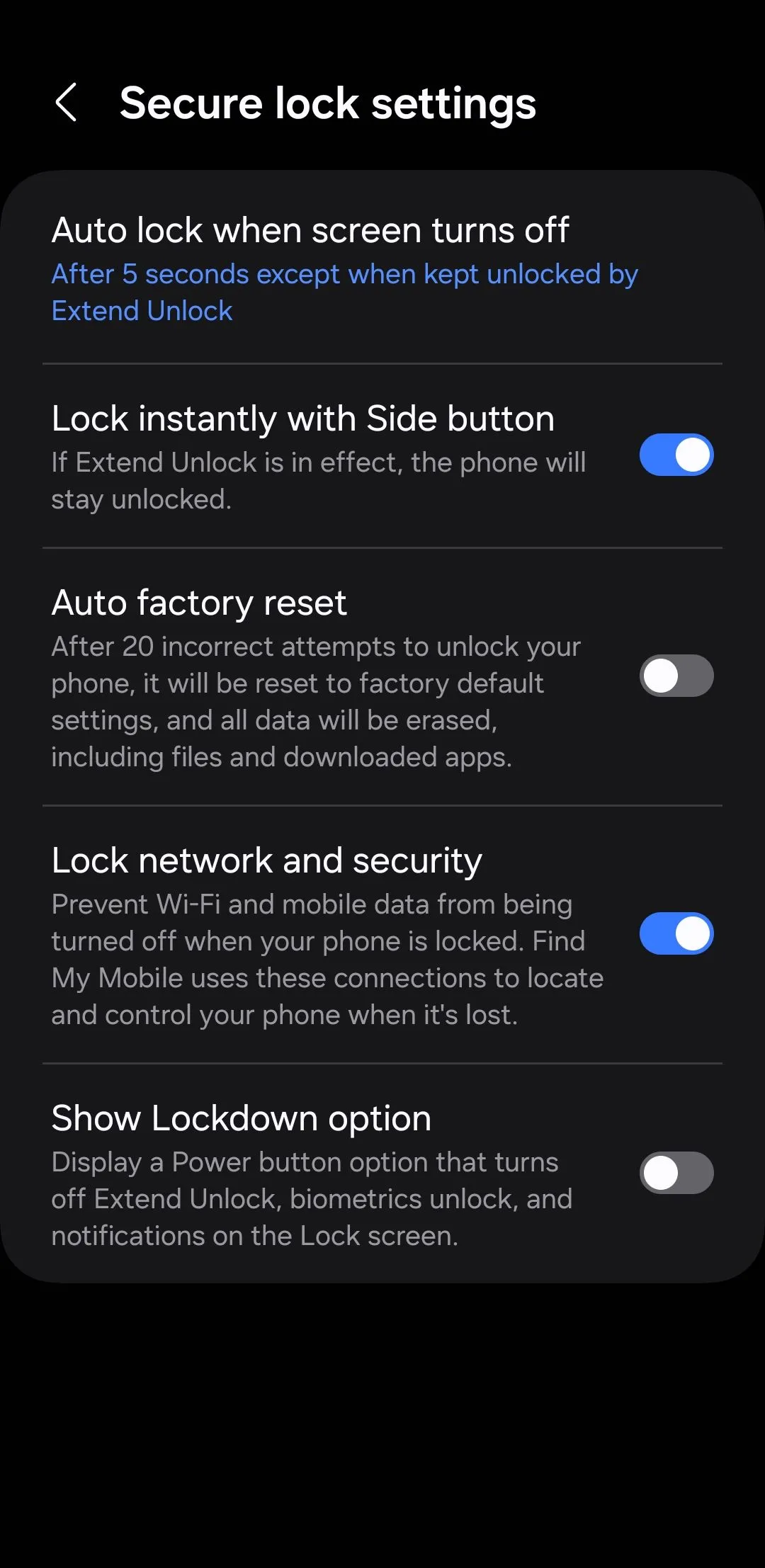 Menu cài đặt khóa bảo mật trên Android, hiển thị tùy chọn vô hiệu hóa truy cập Cài đặt nhanh từ màn hình khóa
