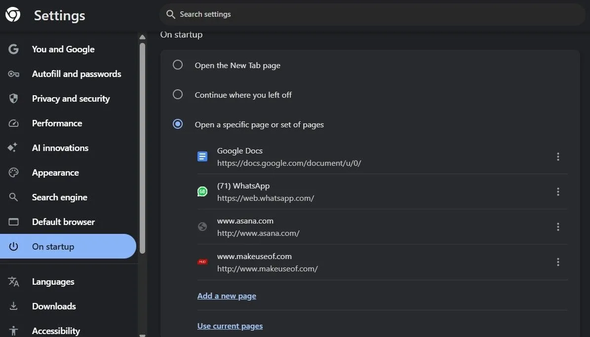 Menu cài đặt khởi động của Google Chrome trên máy tính