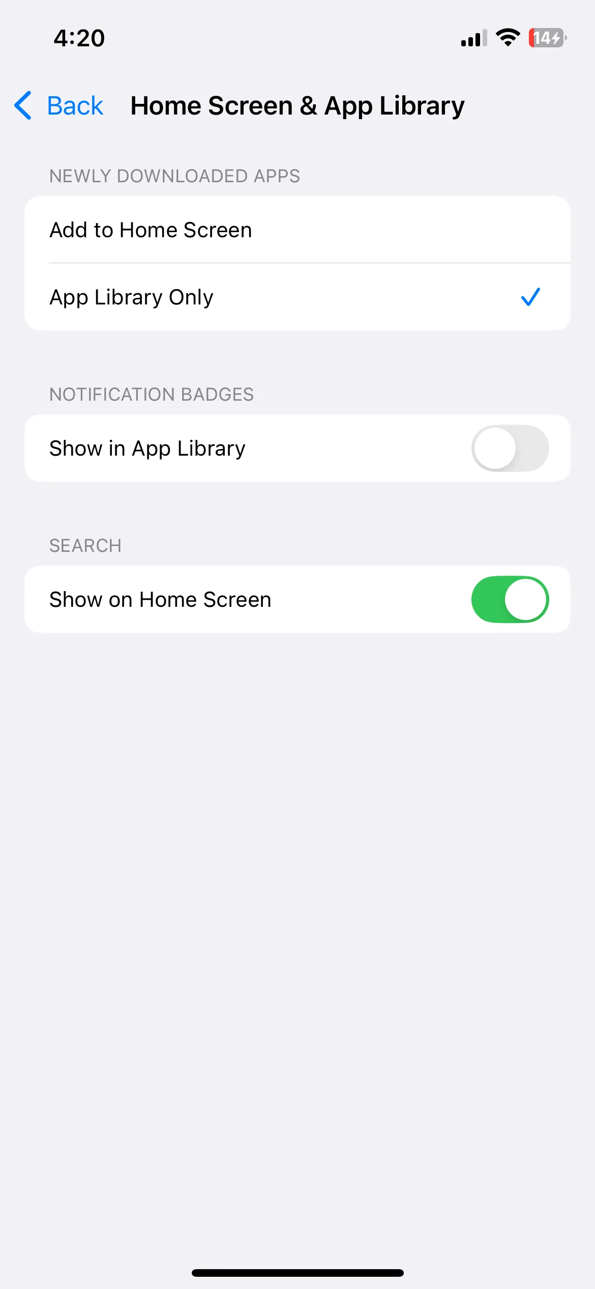 Menu cài đặt Màn hình chính và Thư viện ứng dụng trên iPhone, giúp quản lý cách hiển thị ứng dụng mới