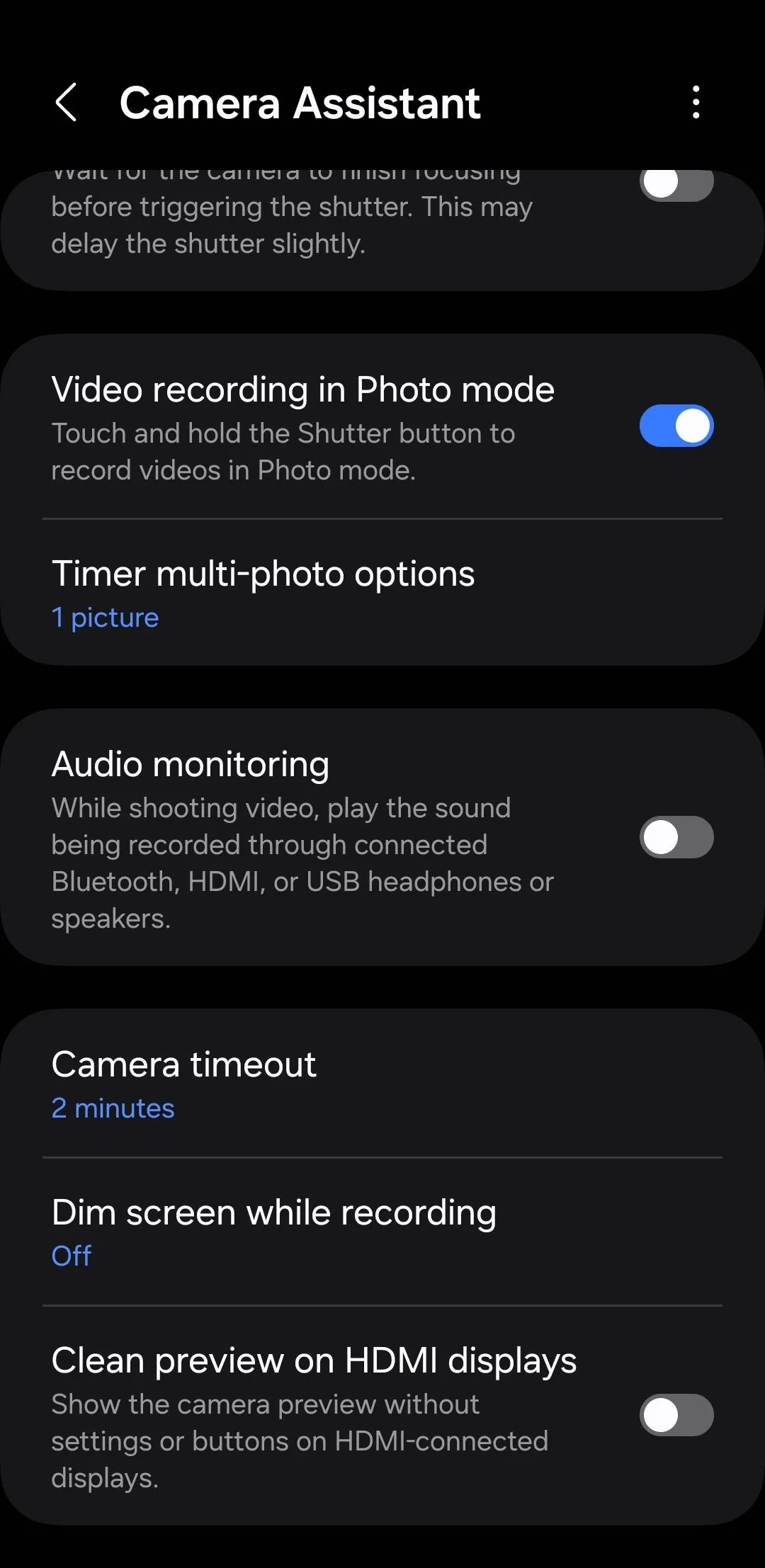 Menu cài đặt module Camera Assistant trên điện thoại Samsung Galaxy